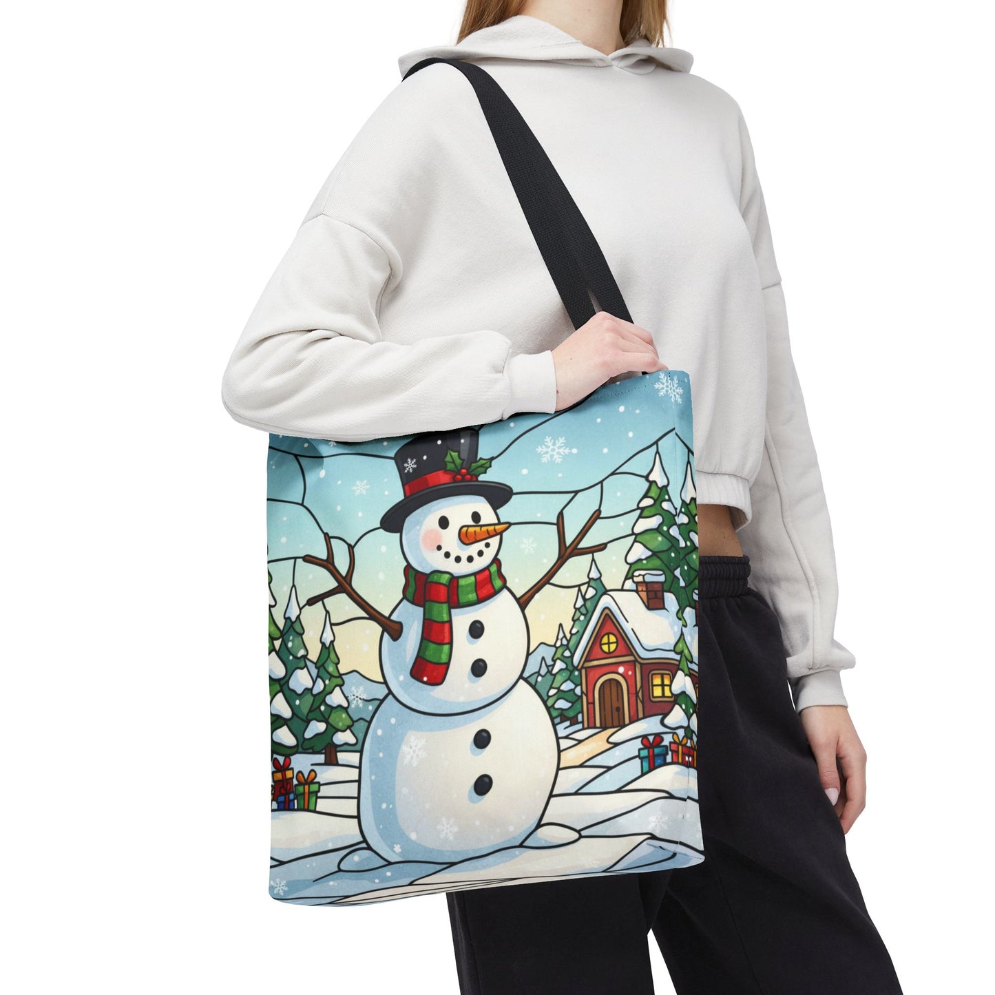 Stained Glass Snowman Christmas Tote Bag, Holiday Art Tote, Festive Winter Gift Bag, Colorful Christmas Scene Reusable Shopping Bag