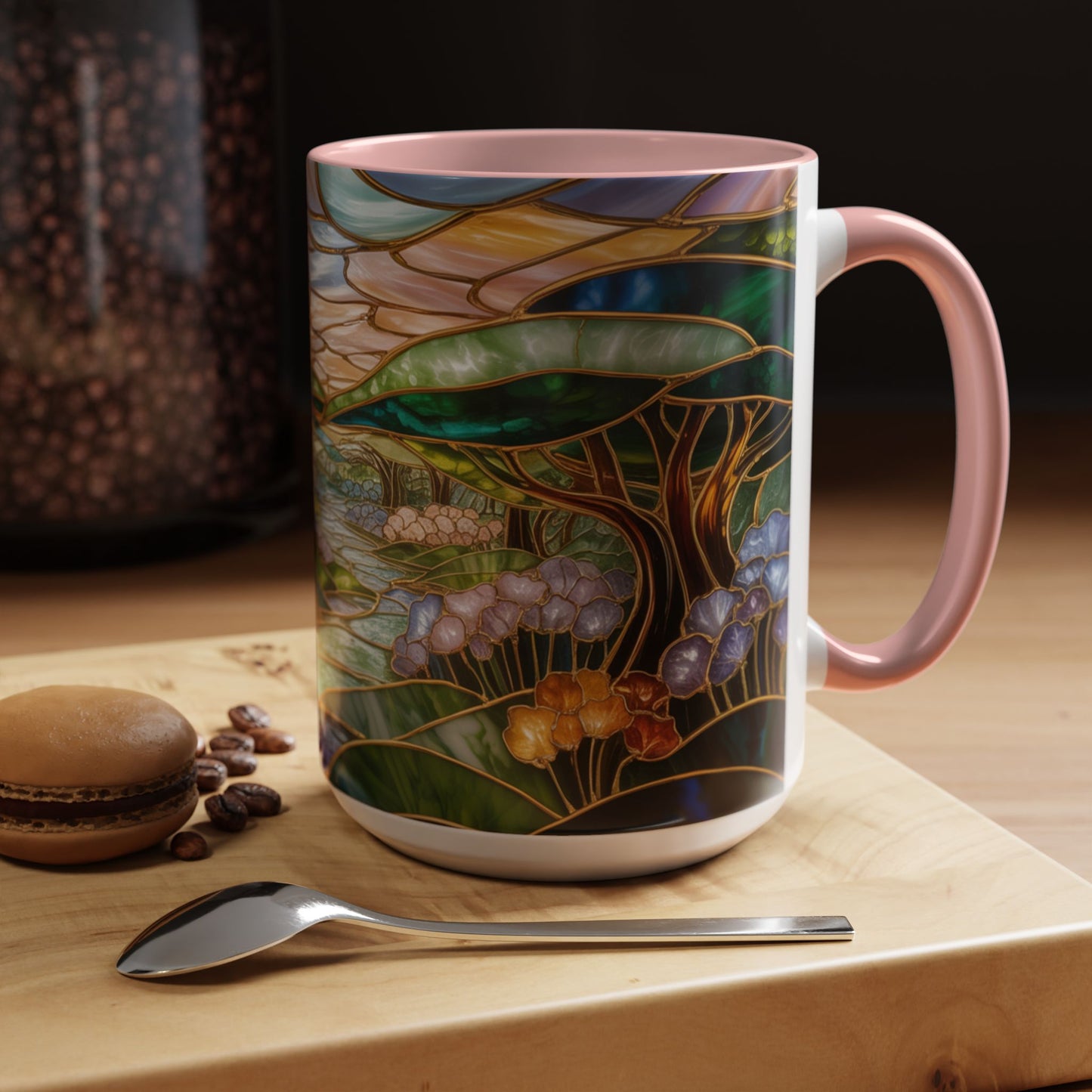 Stained Glass Woodland Forest Mug, Tree & Flowers Coffee Cup, Nature Lover Gift, Artistic Woodland Art Mug, Rustic Home Decor Mug