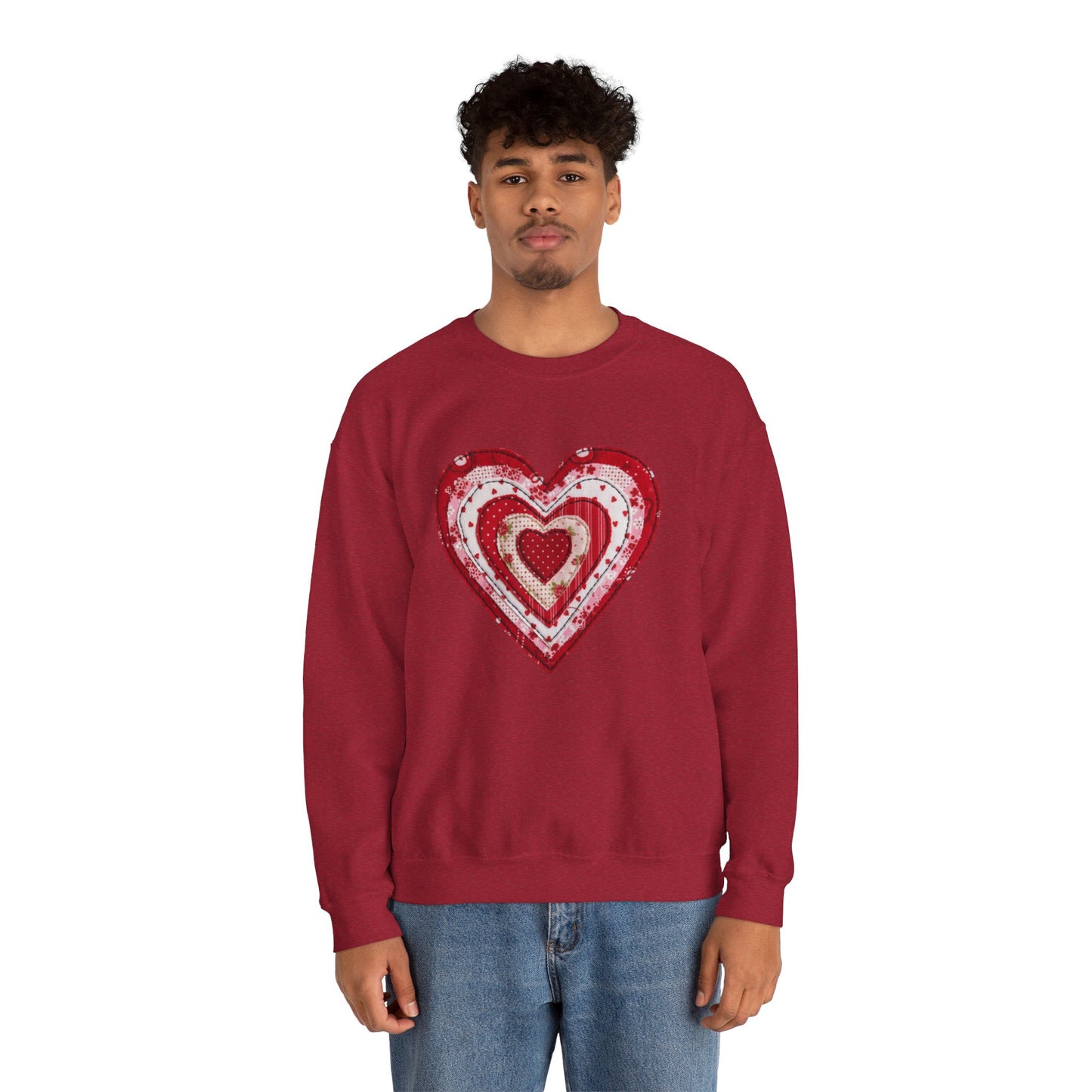 Faux Patchwork Heart Sweatshirt, Valentine Heart Shirt, Cute Valentine Gift, Retro Patchwork Crewneck, Cozy Love Sweater, Boho Heart Top