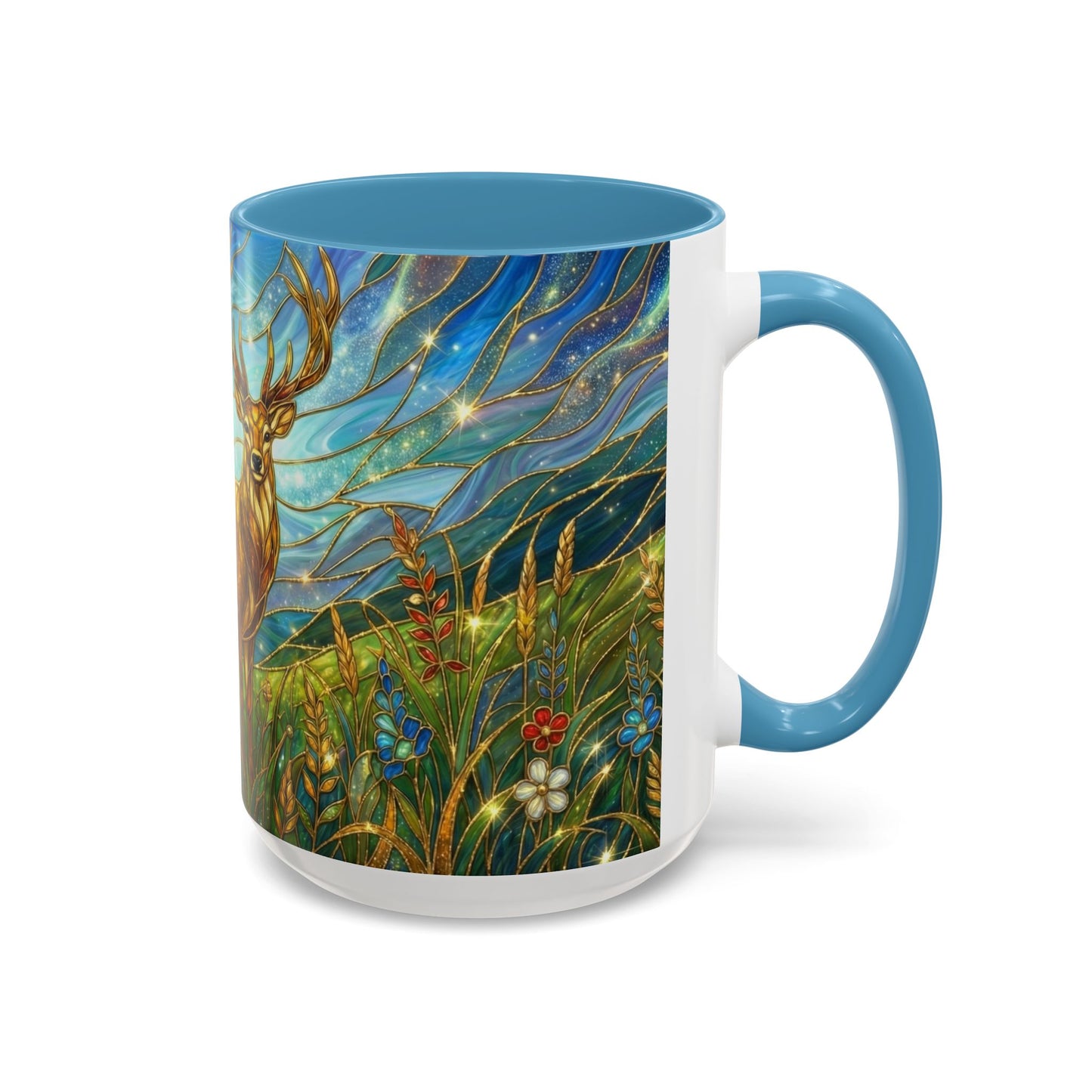 Stained Glass Deer Mug, Woodland Art Coffee Cup, Nature Forest Mug, Blue Green Gold Glass Style Mug, Gift For Nature Lovers Decor