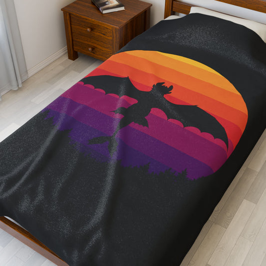 Dragon Sunset Blanket - Retro Dragon Fleece Throw - Fantasy Bedding Gift - Cool Gamer Blanket - Dragon Decor - Cozy Bed Cover for Fans