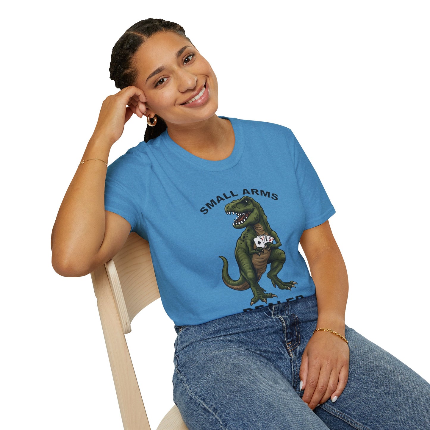 Funny Small Arms Dealer T-Rex Shirt, Dinosaur Pun Tee, Hilarious Graphic T-Shirt for Men & Women, Great Gift for Dad, Friend, or Coworker