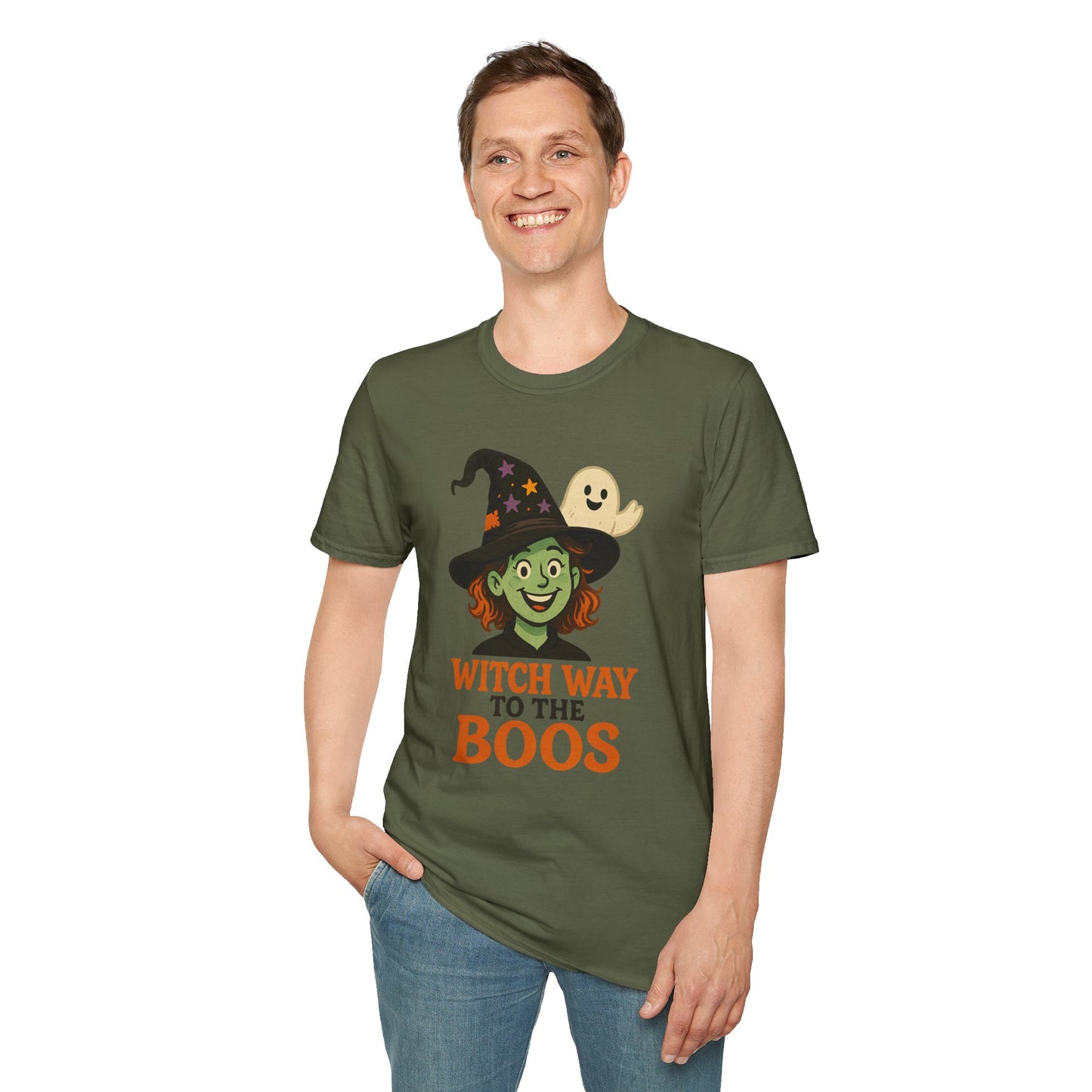 Witch Way to the Boos Halloween Shirt | Cute Witch and Ghost T-Shirt | Spooky Season Graphic Tee | Funny Halloween Costume Top