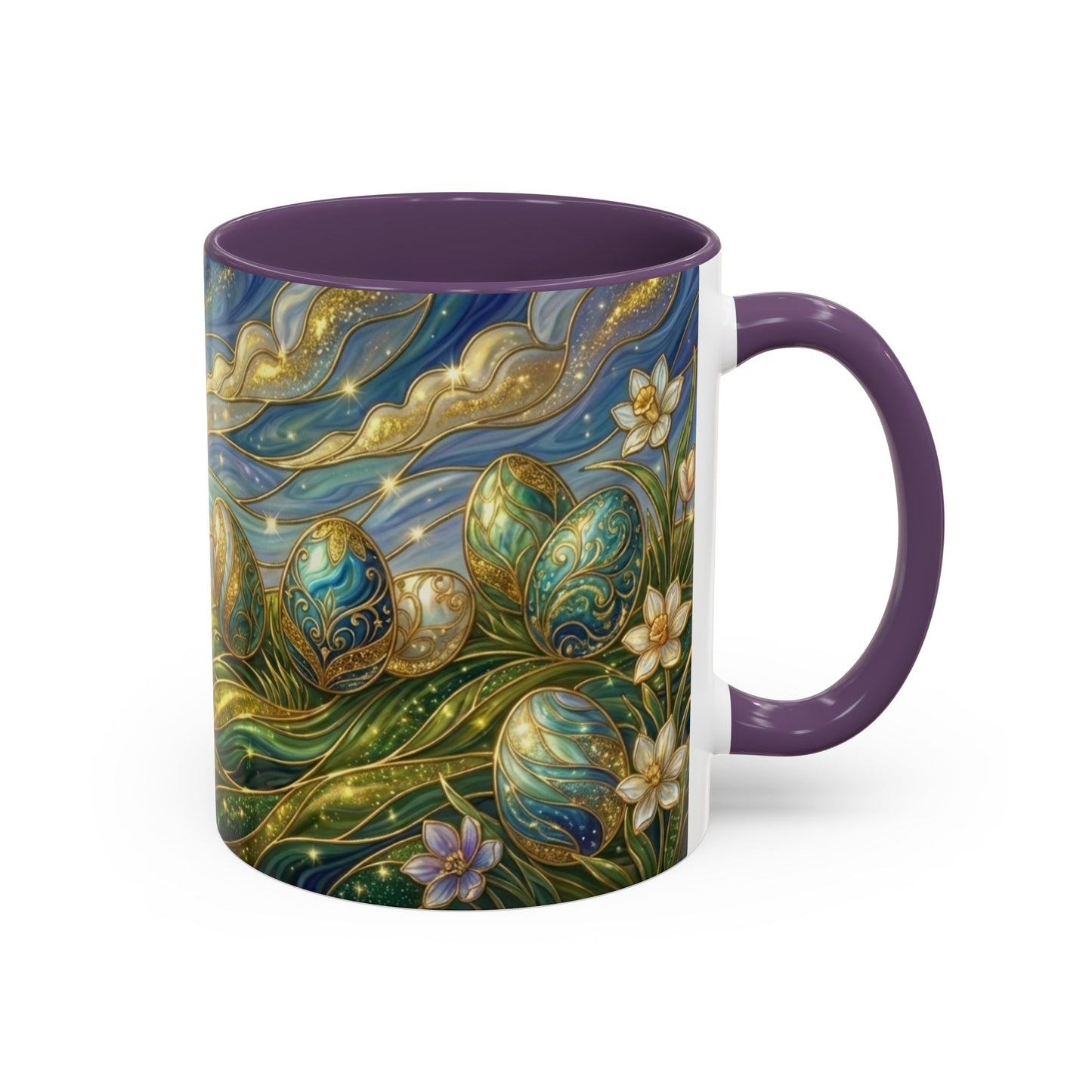 Stained Glass Easter Egg Mug, Magical Spring Floral Coffee Cup, Art Nouveau Fantasy Teacup, Elegant Celestial Starry Sky Mug Gift Idea