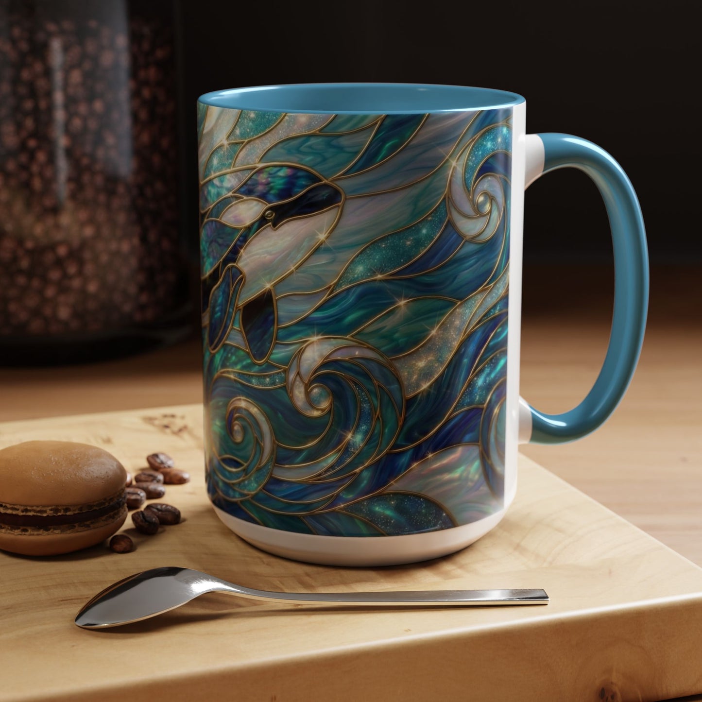 Orca Whale Coffee Mug, Ocean Art Mug, Stained Glass Whale Design, Marine Life Gift, Ceramic Coffee Cup, 11oz 15oz Waves Mug, Coastal Decor