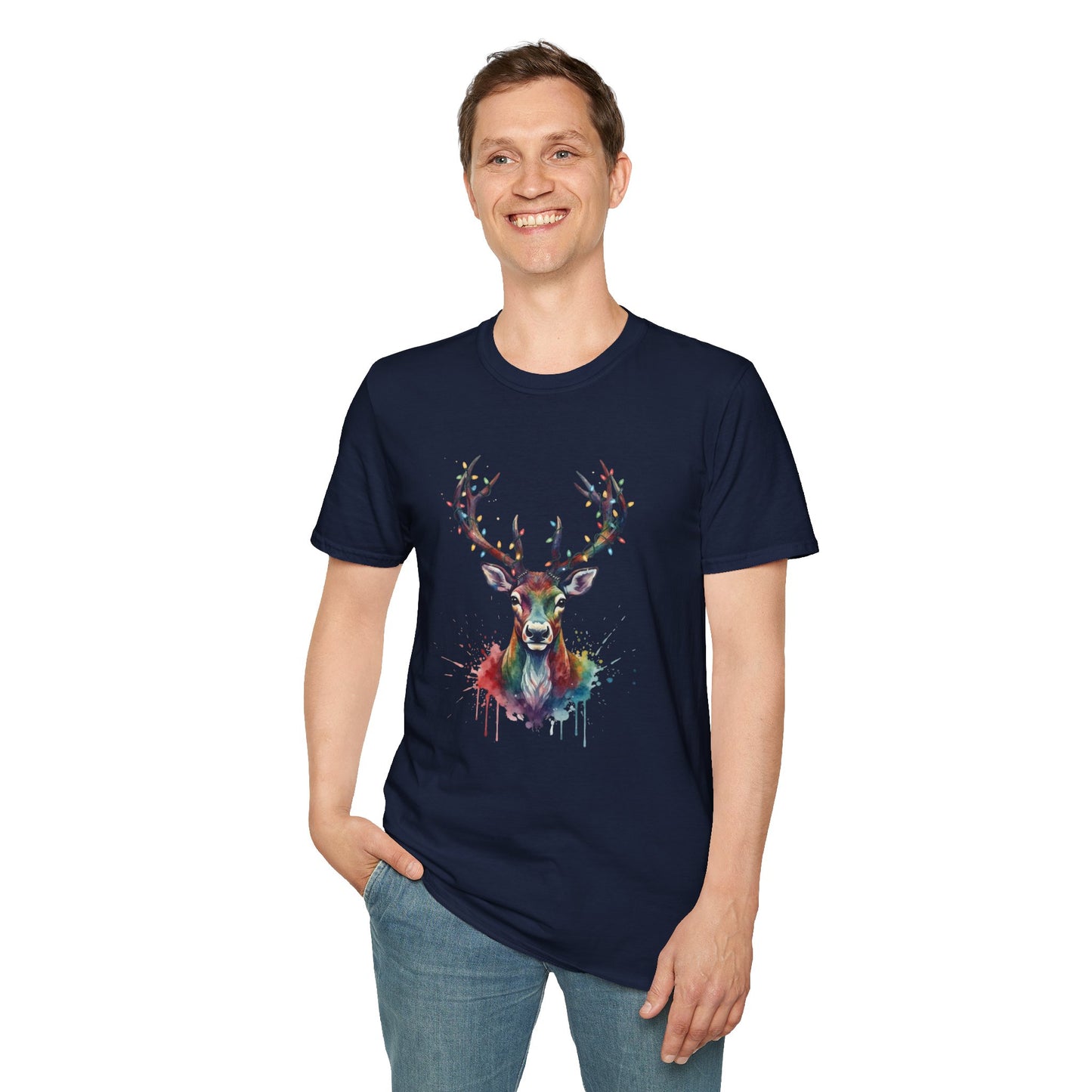 Christmas Deer Shirt, Watercolor Buck T-Shirt, Deer With Christmas Lights Tee, Holiday Wildlife Art Shirt, Colorful Deer Head Xmas Tee