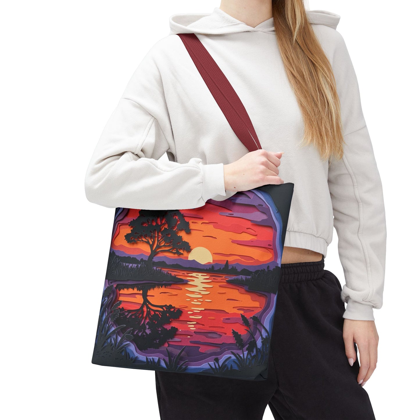 Sunset Landscape Canvas Tote Bag – Paper‑Art Inspired Nature Scene Tote – Colorful Sunset Market Tote, Eco Reusable Beach Bag, Vibrant Gift for Her