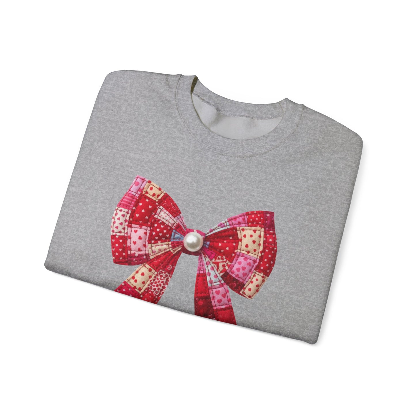 Faux Patchwork Bow Sweatshirt, Quilted Look Bow Crewneck, Pearl Bow Pullover, Cozy Coquette Sweatshirt, Girly Valentine Gift