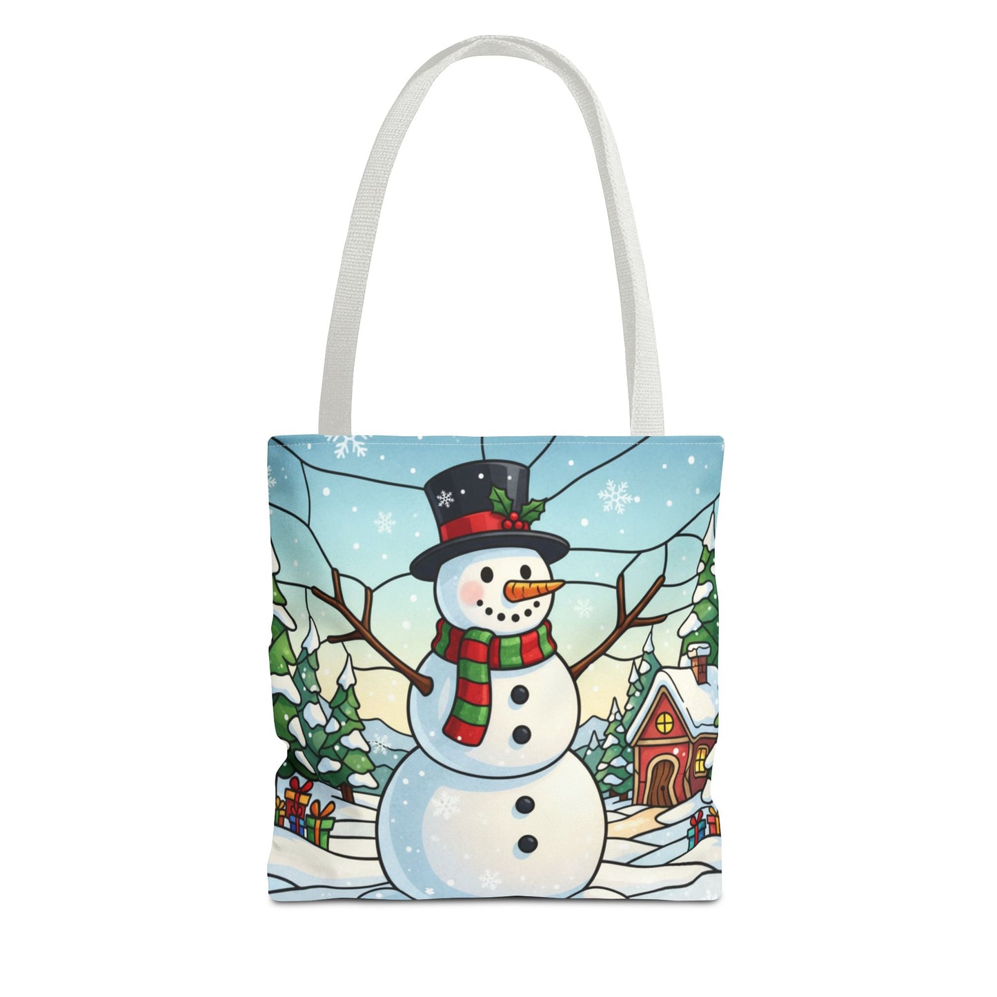 Stained Glass Snowman Christmas Tote Bag, Holiday Art Tote, Festive Winter Gift Bag, Colorful Christmas Scene Reusable Shopping Bag