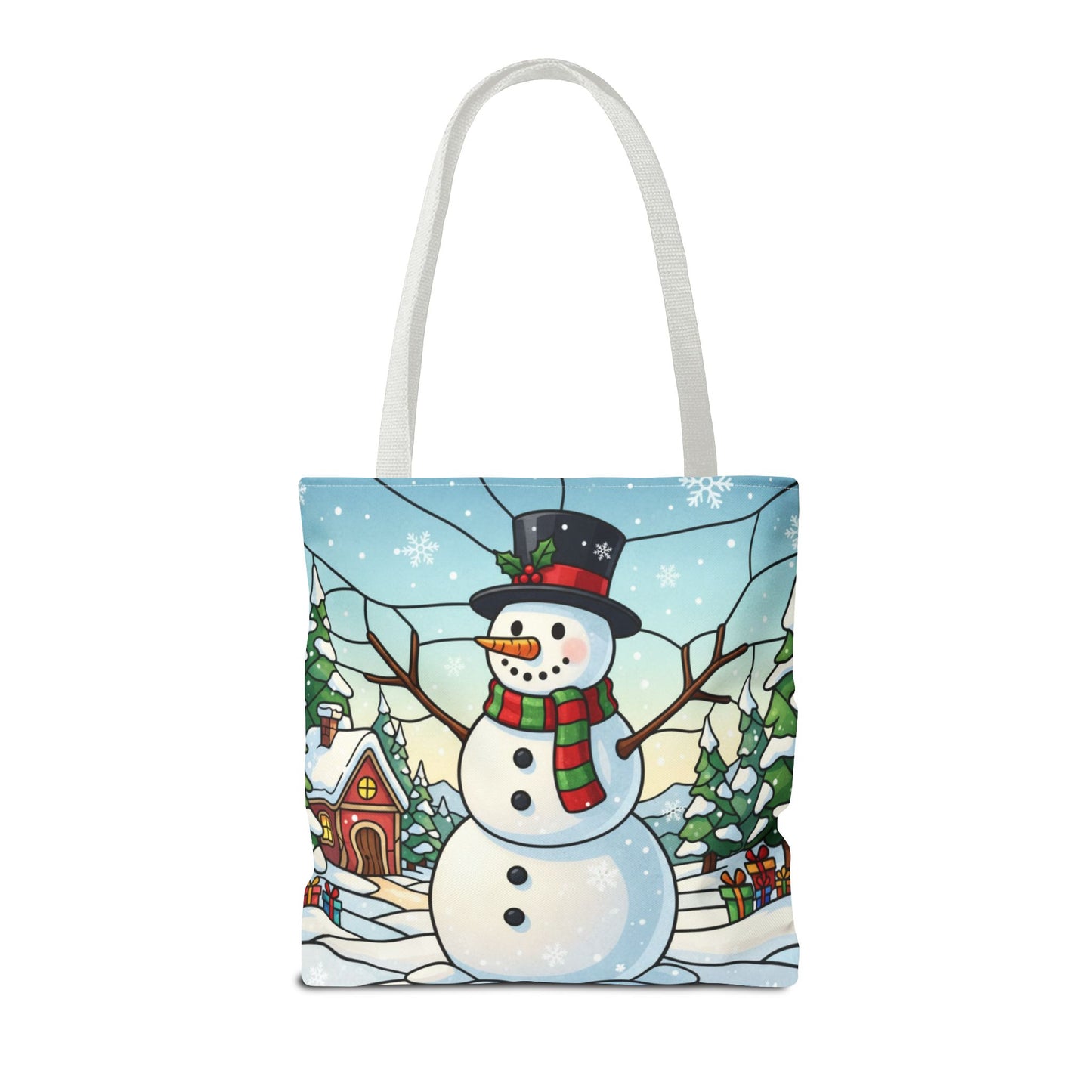Stained Glass Snowman Christmas Tote Bag, Holiday Art Tote, Festive Winter Gift Bag, Colorful Christmas Scene Reusable Shopping Bag