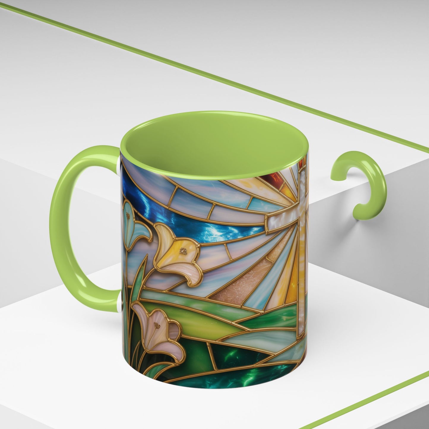 Stained Glass Cross Mug, Christian Coffee Cup, Faith Gift Mug, Religious Art Mug, Floral Church Mug, Inspirational Faith Cup, Easter Gift