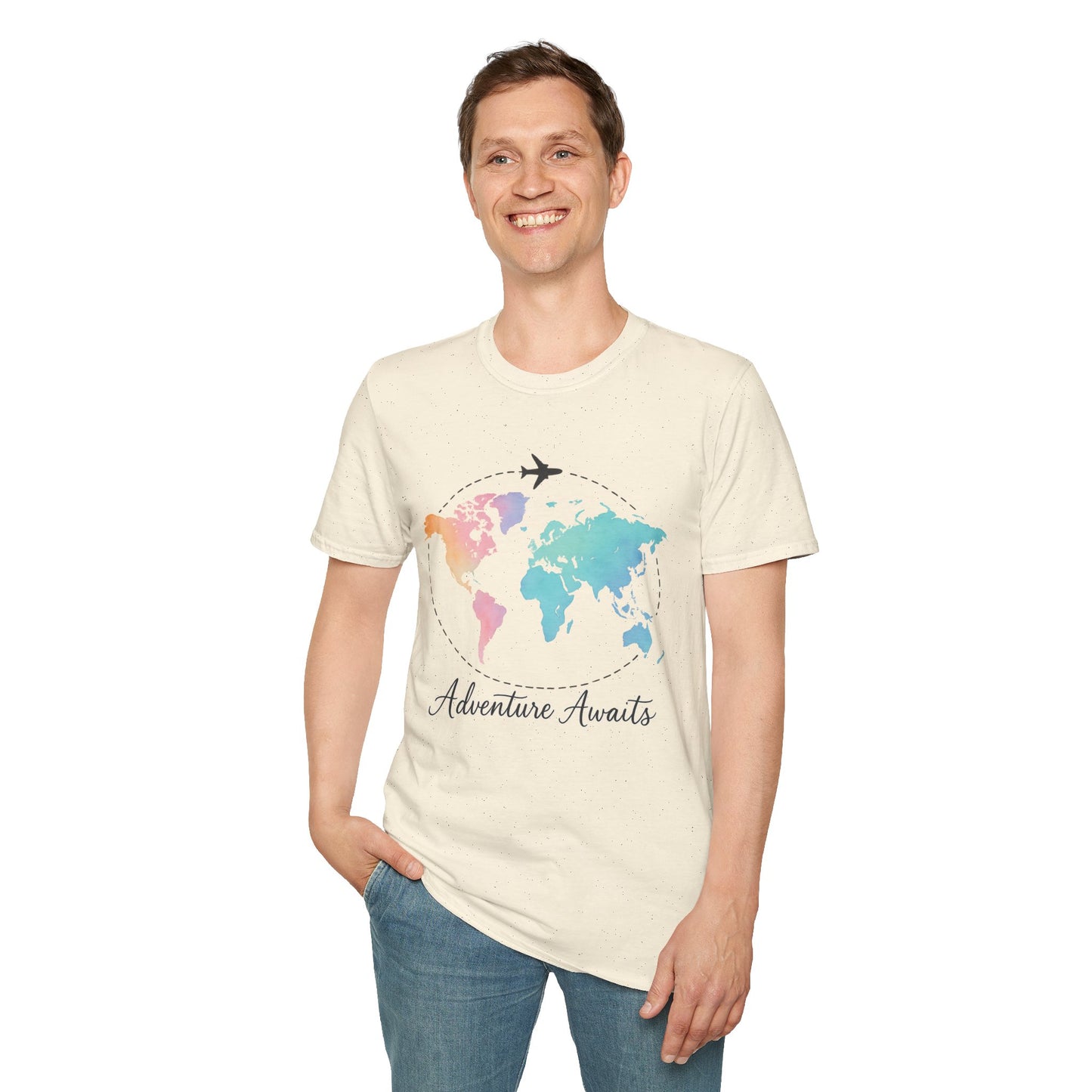 Adventure Awaits Travel Shirt | Watercolor World Map Tee for Women and Men | Wanderlust Gift for Travelers, Hikers, Campers, Beach Lovers