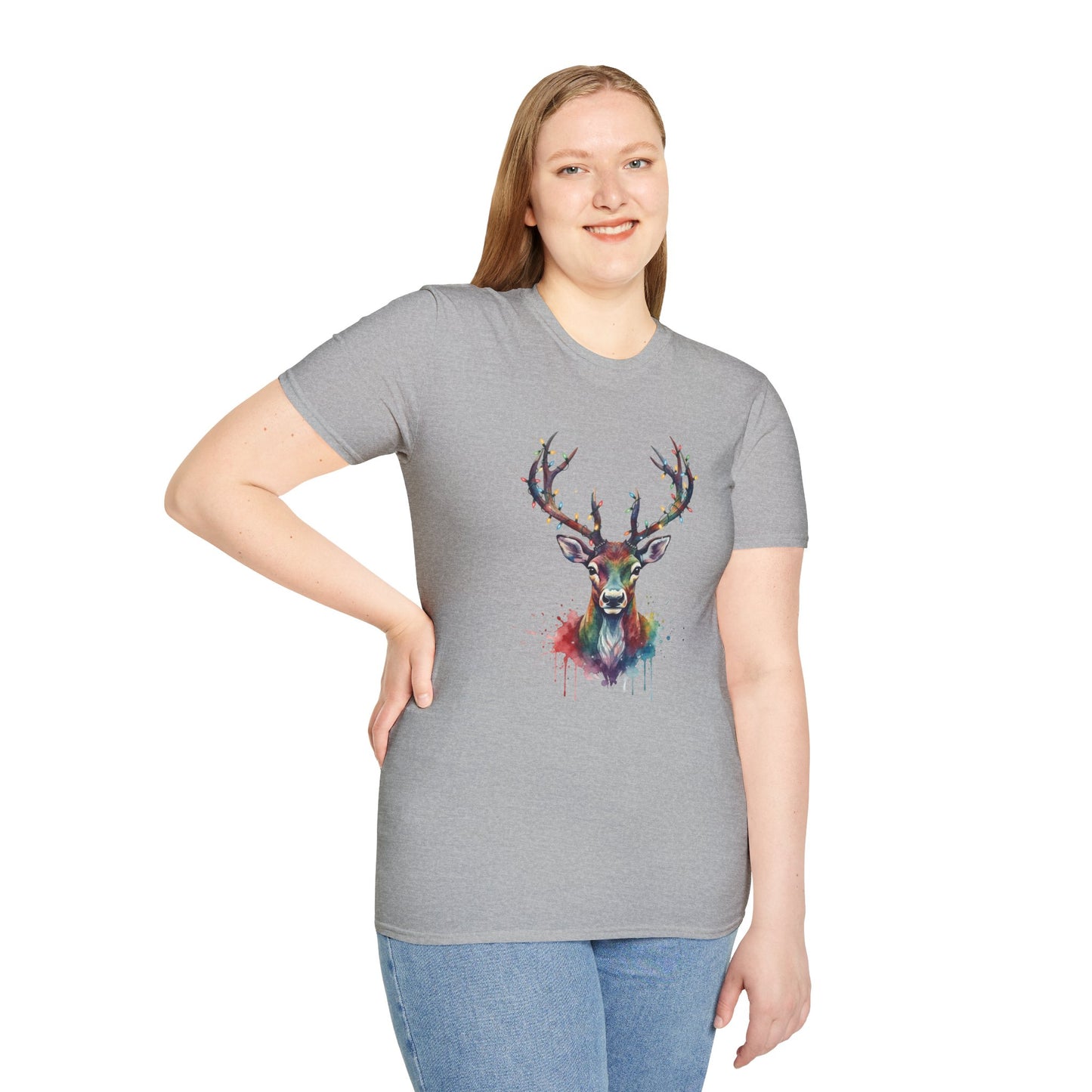 Christmas Deer Shirt, Watercolor Buck T-Shirt, Deer With Christmas Lights Tee, Holiday Wildlife Art Shirt, Colorful Deer Head Xmas Tee
