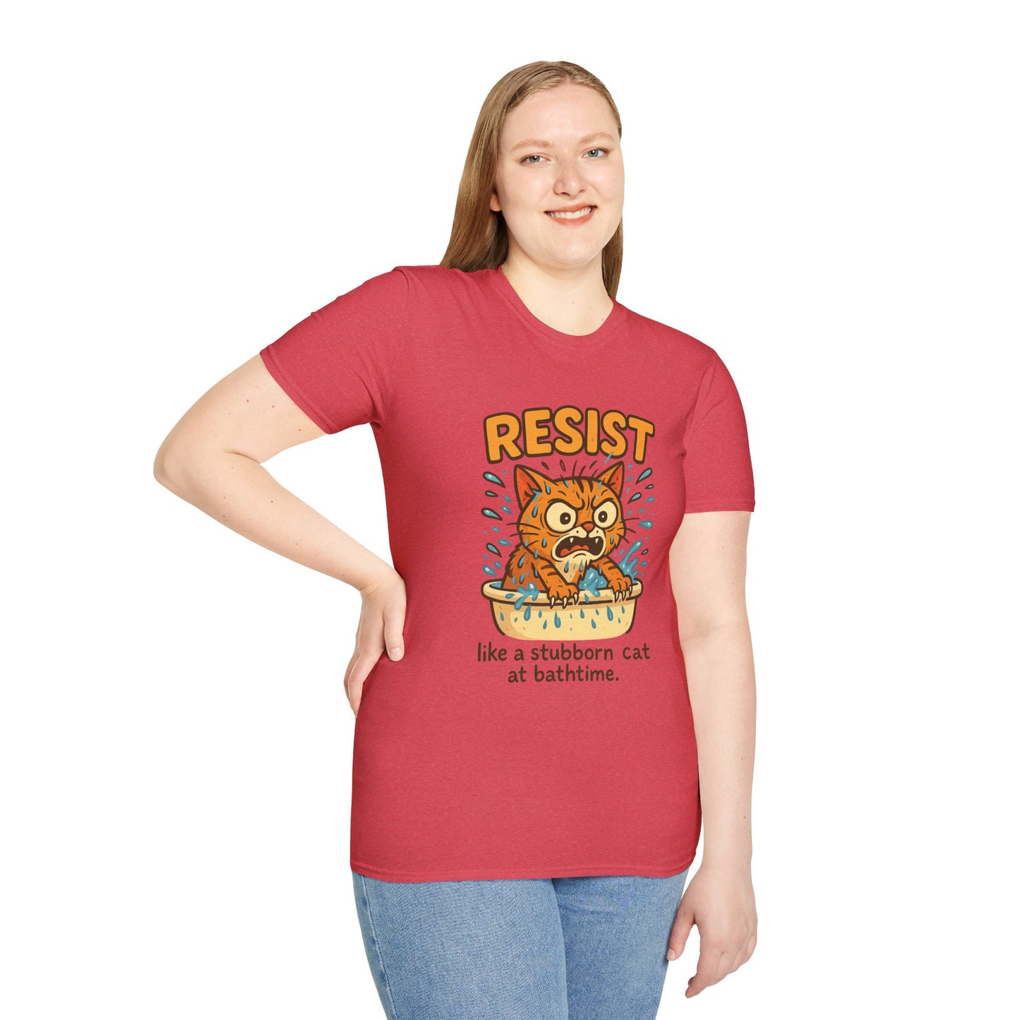 Resist Like A Stubborn Cat At Bathtime Funny Cat Lover Graphic Tee - Quirky Self Care Shirt - Gift For Pet Moms, Dads and Humor Fans