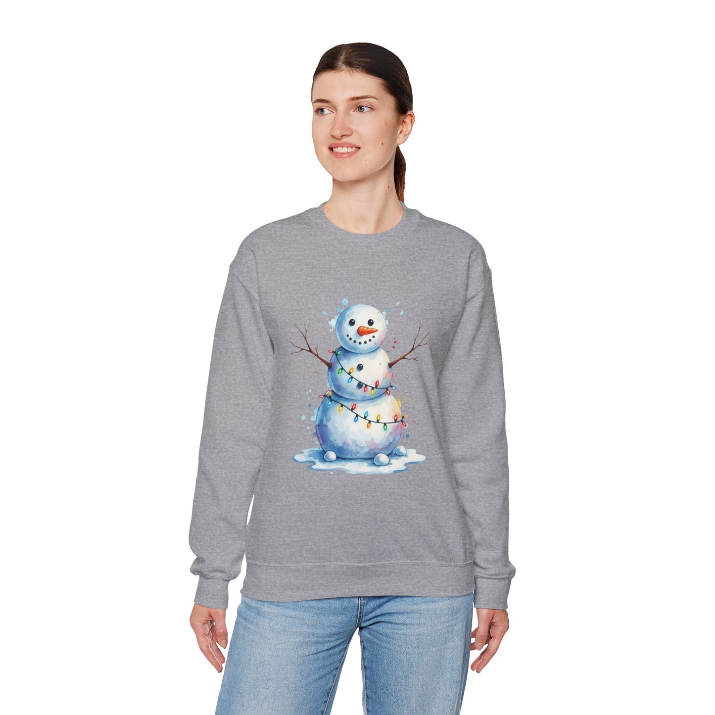 Watercolor Snowman Christmas Sweatshirt, Cute Snowman Crewneck for Winter, Holiday Lights Snowman Sweater, Cozy Unisex Christmas Gift