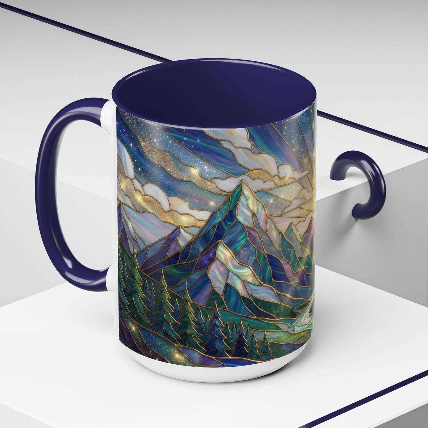 Mountain Art Mug, Scenic Mountain Coffee Cup, Nature Lover Ceramic Mug, Stained Glass Style Landscape, 11oz 15oz Gift, Outdoor Hiking Mug, Unique Coffee Tea Cup