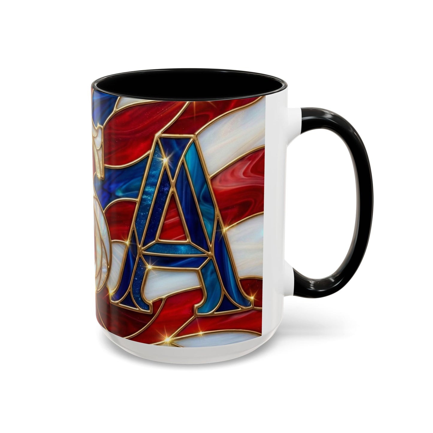 USA Patriotic Coffee Mug, Stained Glass USA Mug, Red White Blue Ceramic Mug, American Flag Style Mug, 11oz 15oz Mug