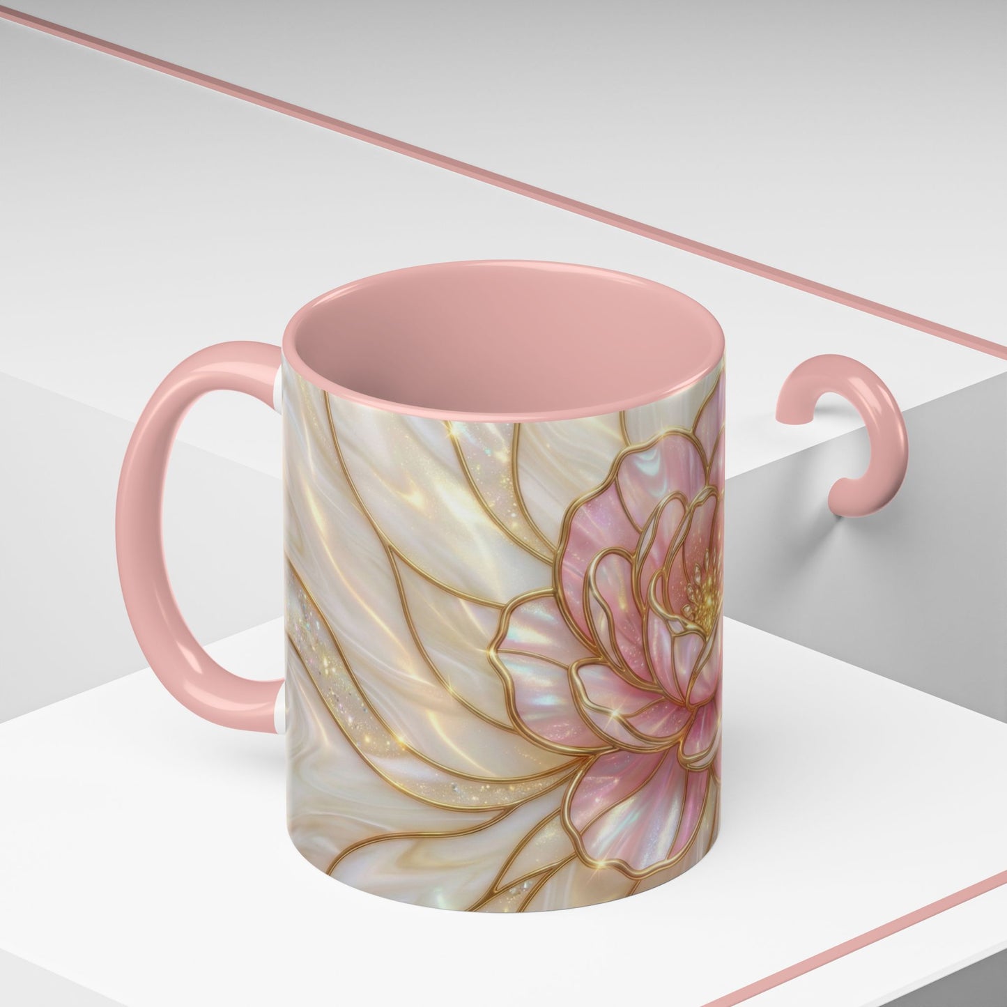 Pink Peony Stained Glass Mug, Gold Floral Coffee Cup, Elegant Flower Gift For Her, Fairycore Tea Cup, Mothers Day Present, Pearl Art Decor