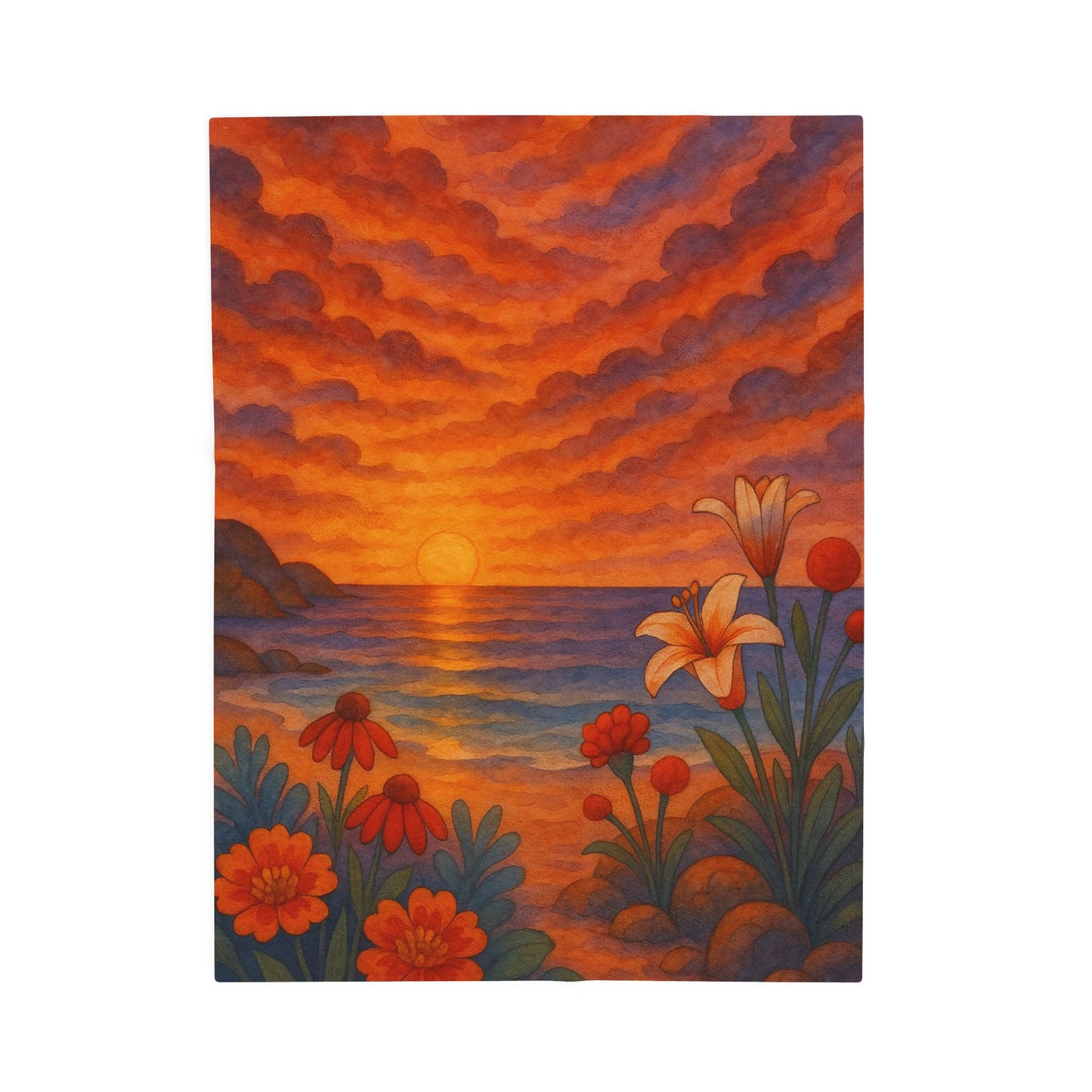 Sunset Floral Blanket – Cozy Beach Sunset Throw with Flowers | Colorful Velveteen Plush Blanket for Couch, Bed, or Gift