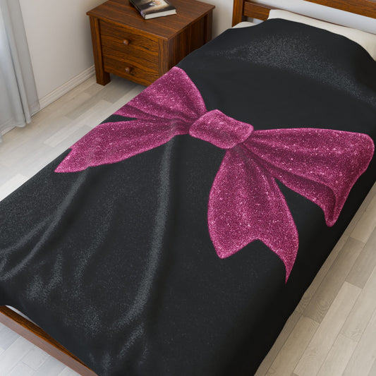 Black Throw Blanket with Glitter Pink Bow – Cozy Soft Bed Cover – Girly Glam Room Decor – Teen Girl Gift – Elegant Bedding Accent