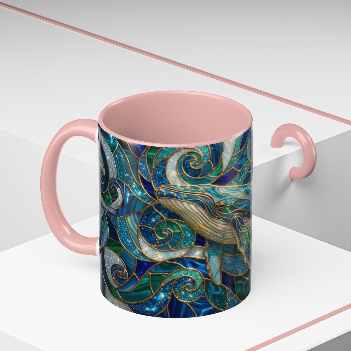 Stained Glass Whale Mug, Ocean Art Coffee Cup, Blue Sea Life Design, Nautical Gift For Ocean Lovers, Colorful Stained Glass Whale Cup