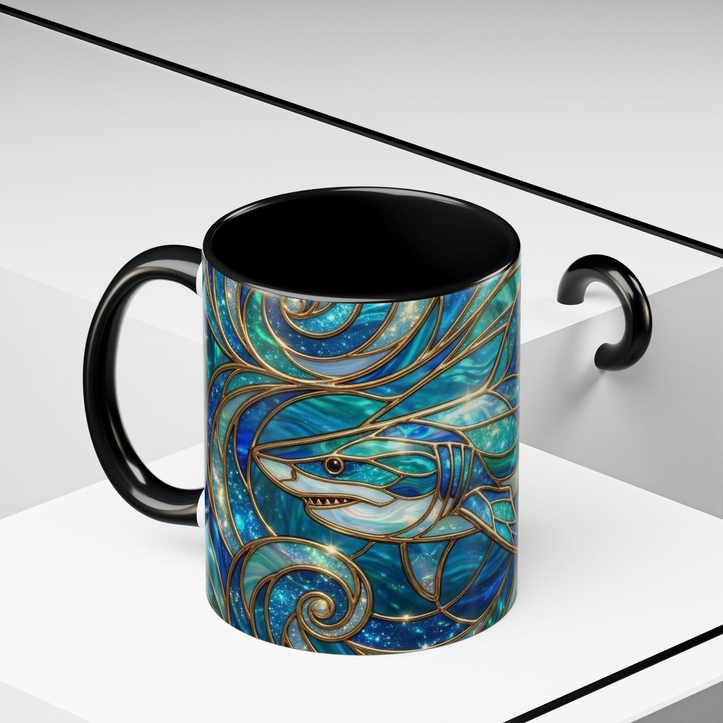 Stained Glass Shark Mug, Ocean Art Coffee Cup, Blue Shark Gift, Sea Life Ceramic Mug, Artistic Shark Design, Marine Lover Gift, Unique Ocean Mug