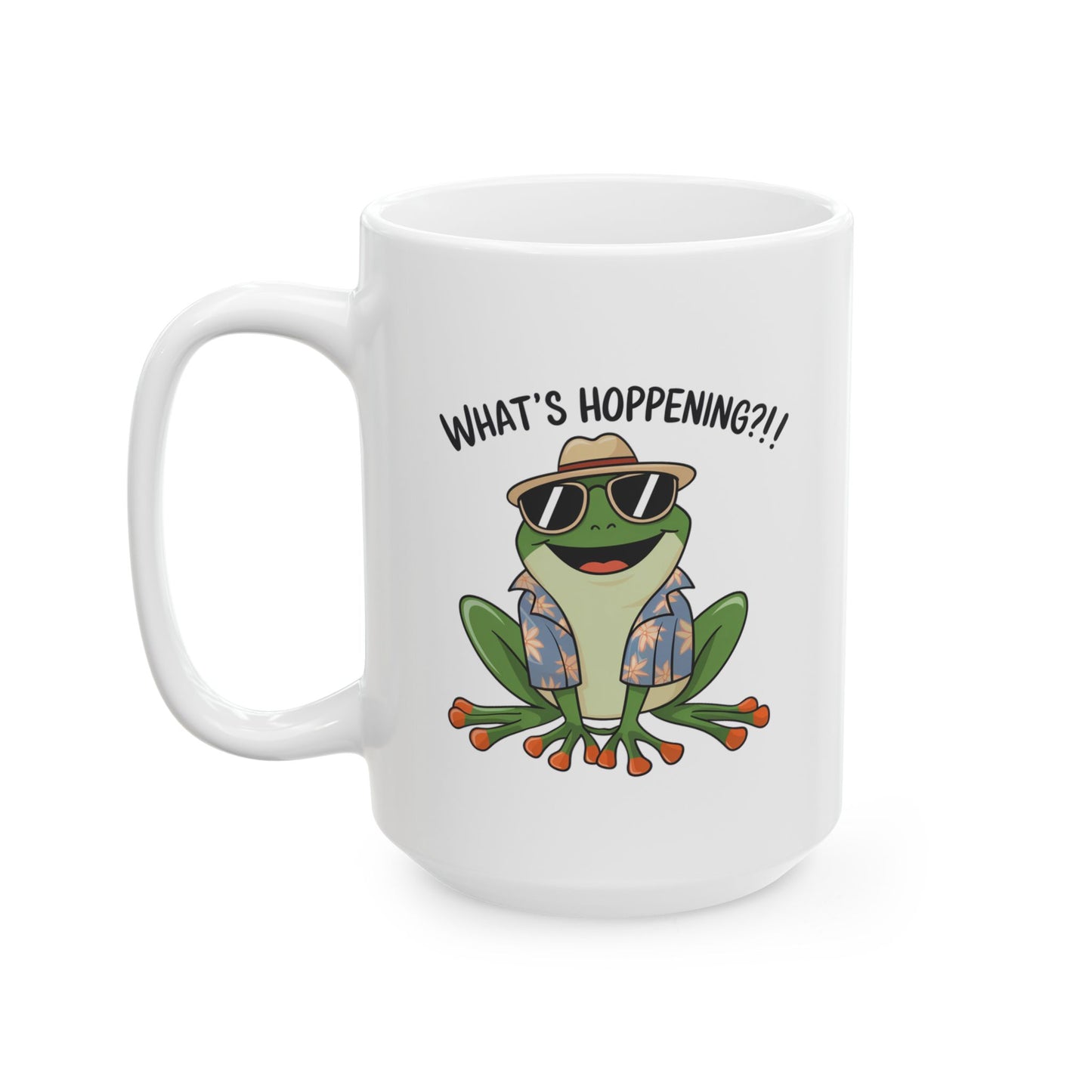 What’s Hoppening?! Frog Mug – Funny Tropical Frog in Hawaiian Shirt Coffee Cup, Cute Animal Ceramic Mug, Funky Gift for Frog Lovers