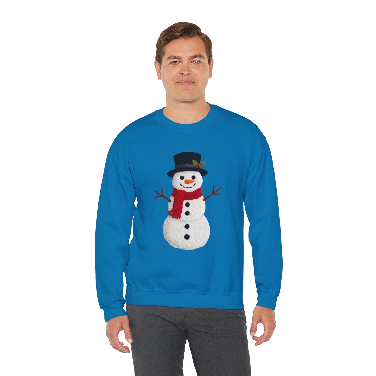 Faux Patchwork Crochet Snowman Sweatshirt, Winter Snowman Crewneck, Cozy Holiday Sweater, Christmas Sweatshirt, Festive Winter Shirt, unisex gift