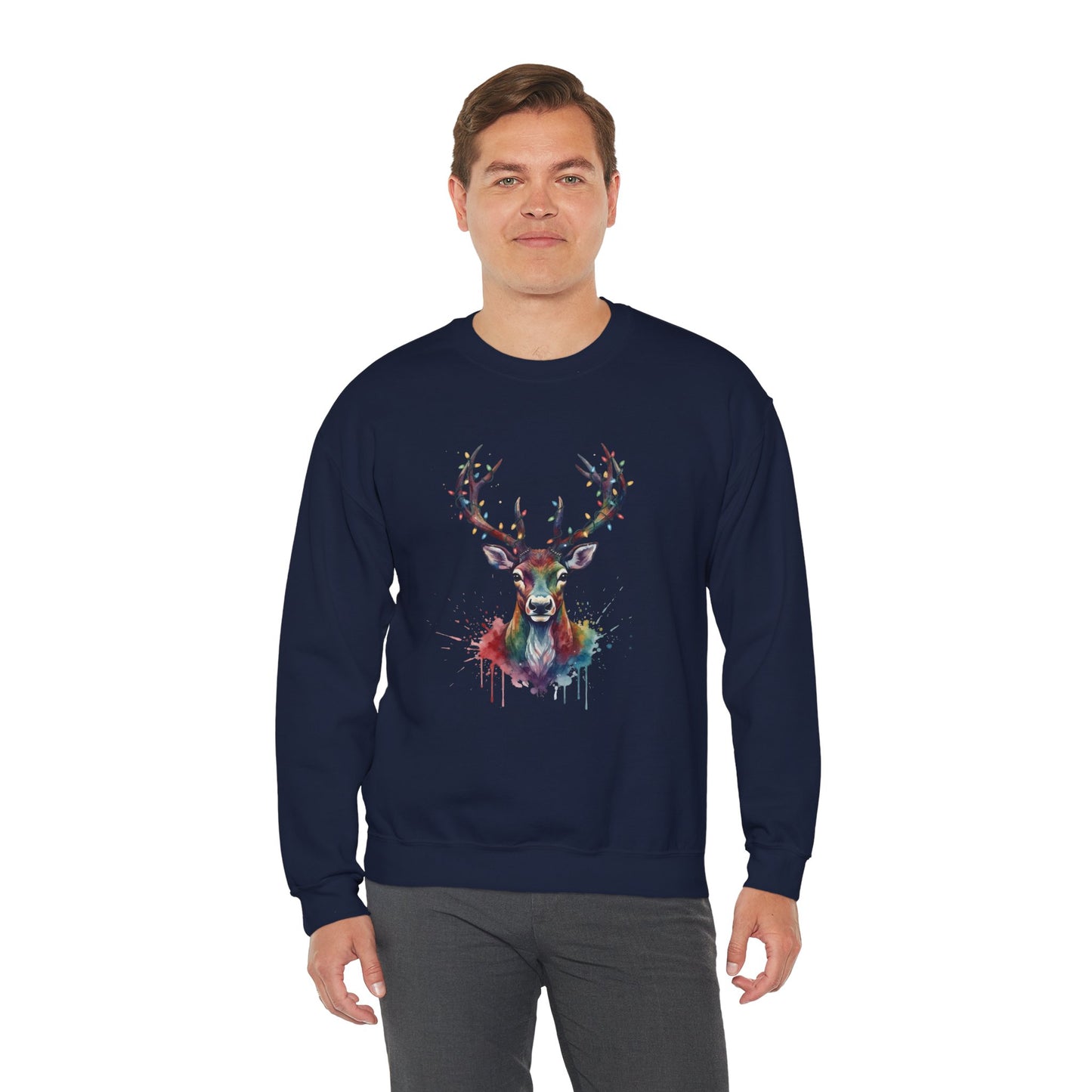 Colorful Reindeer Christmas Sweatshirt, Holiday Deer Lights Sweater, Watercolor Winter Crewneck, Festive Cozy Gift For Him Or Her