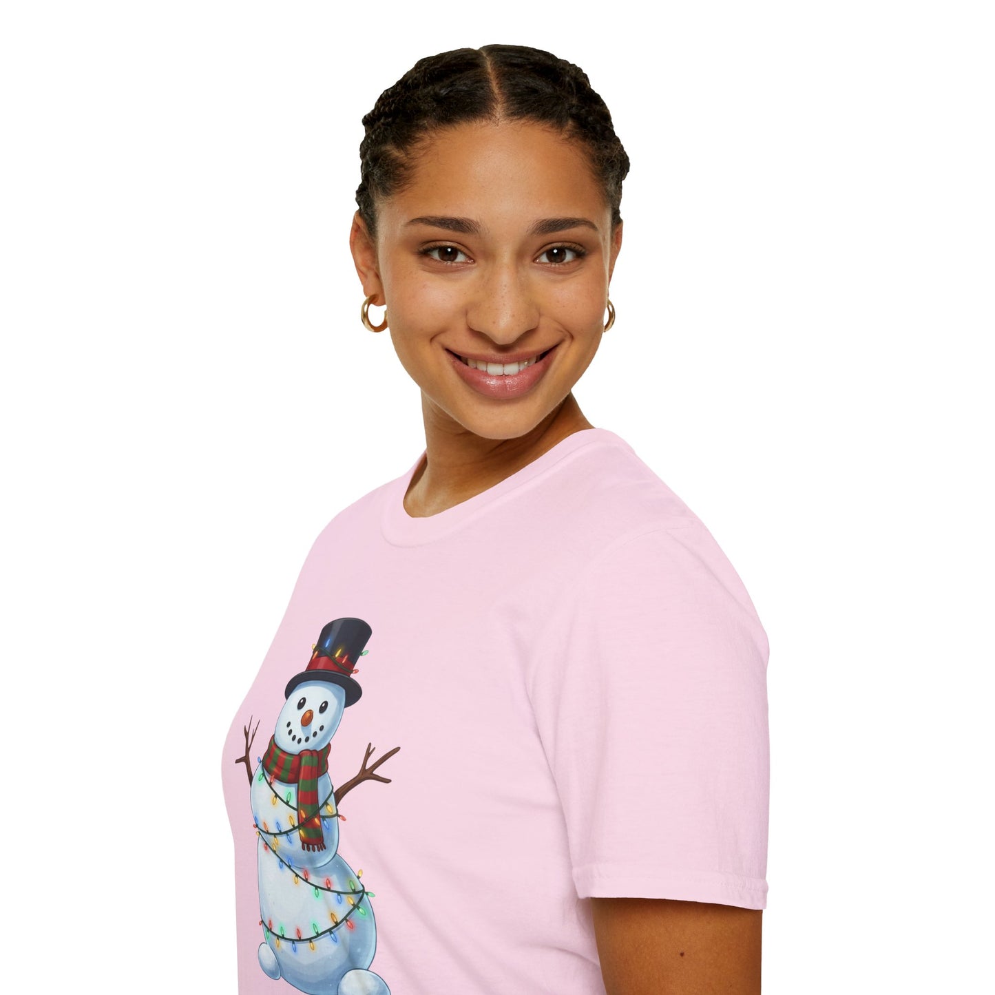 Cute Snowman Christmas Shirt, Snowman Wrapped in Christmas Lights Tee, Holiday Winter Snowman Top Hat Shirt, Funny Cozy Christmas T Shirt