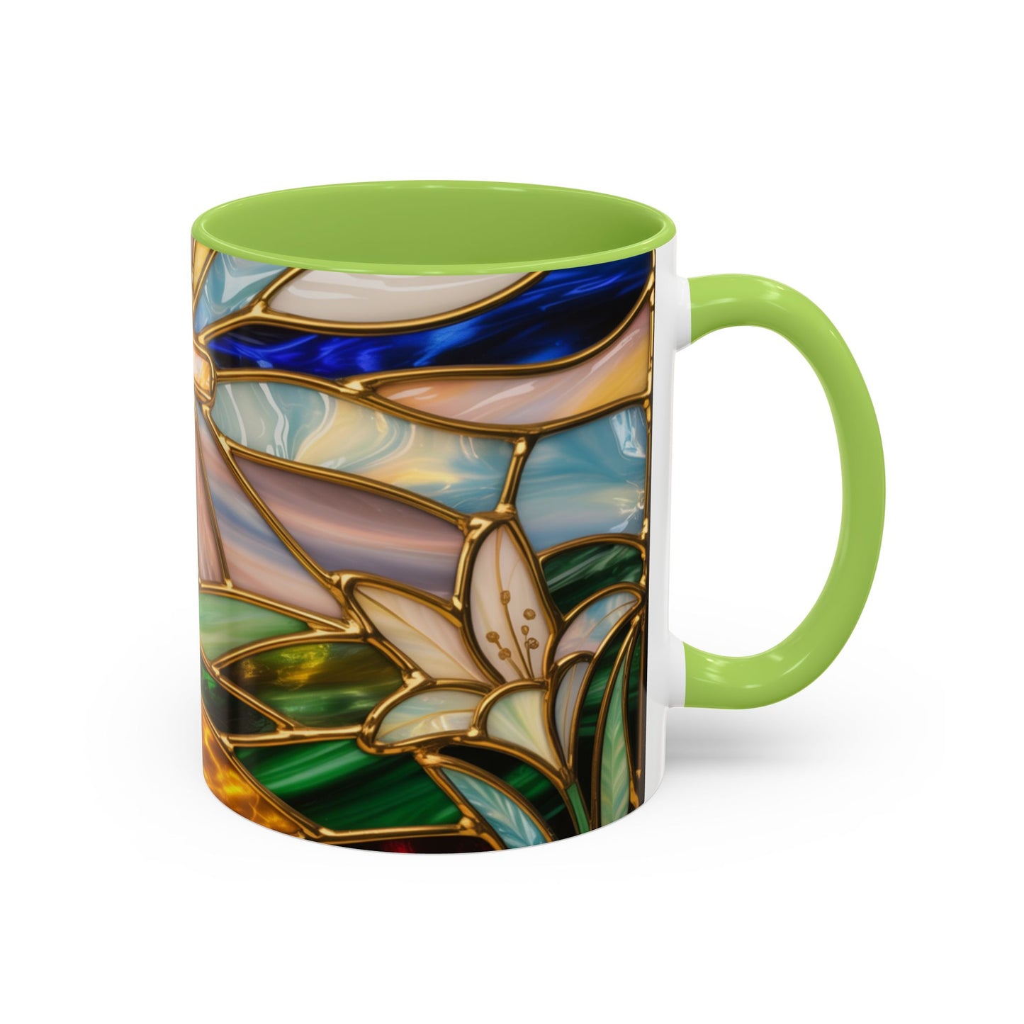 Stained Glass Cross Mug, Christian Sunrise Coffee Cup, Religious Floral Art Mug, Inspirational Faith Gift For Women, Colorful Stained Glass Design