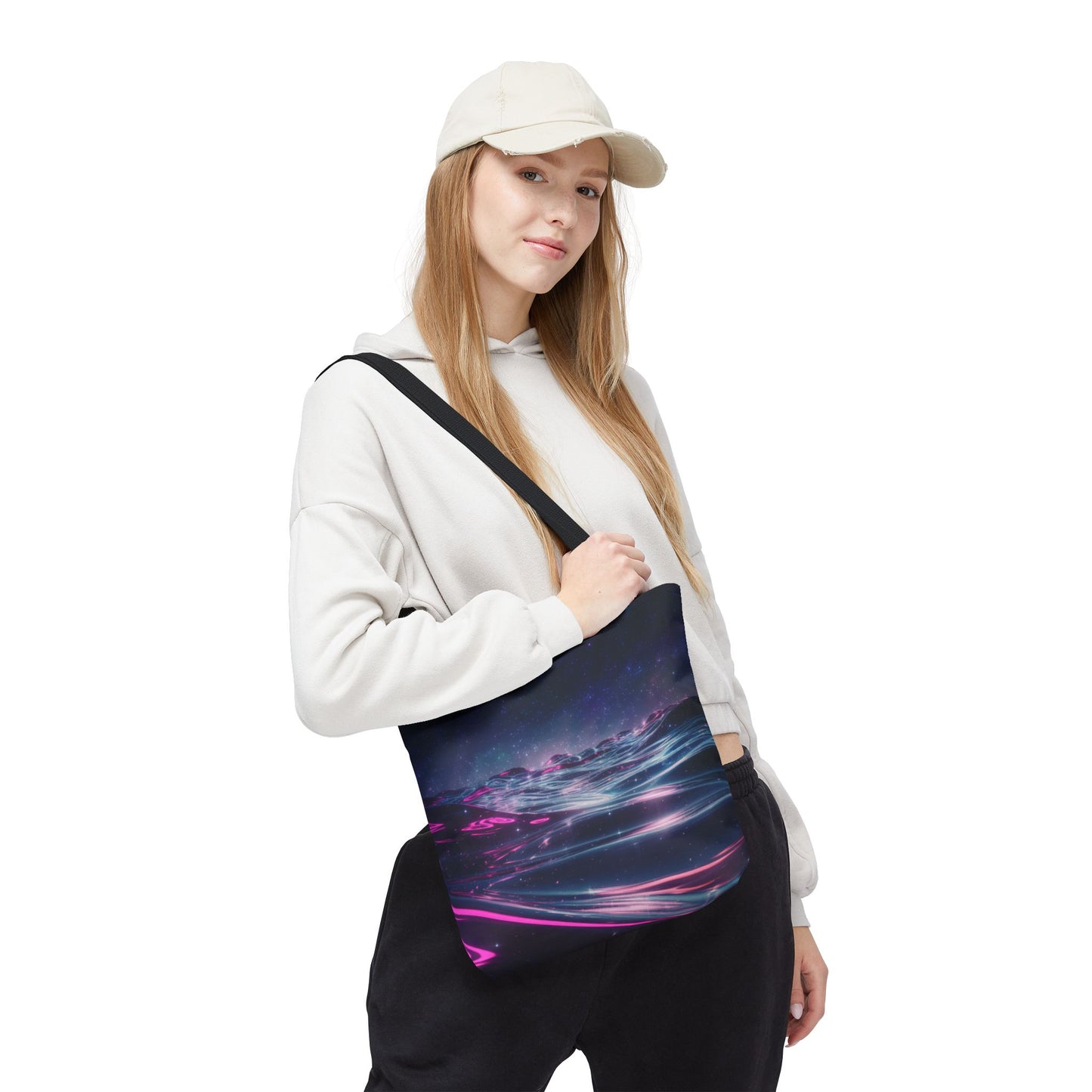 Neon Wave Horizon Tote Bag, Futuristic Ocean Design With Pink And Blue Light, Sci-Fi Aesthetic Reusable Tote For Travel, Gifts, And Everyday Use
