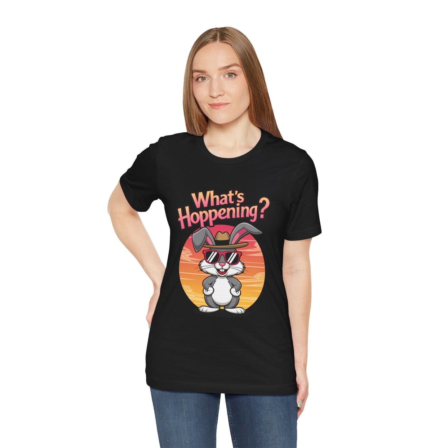 What’s Hoppening Funny Bunny Shirt – Cute Rabbit Pun T-Shirt – Sunset Graphic Tee for Animal Lovers, Easter, and Pun Enthusiasts