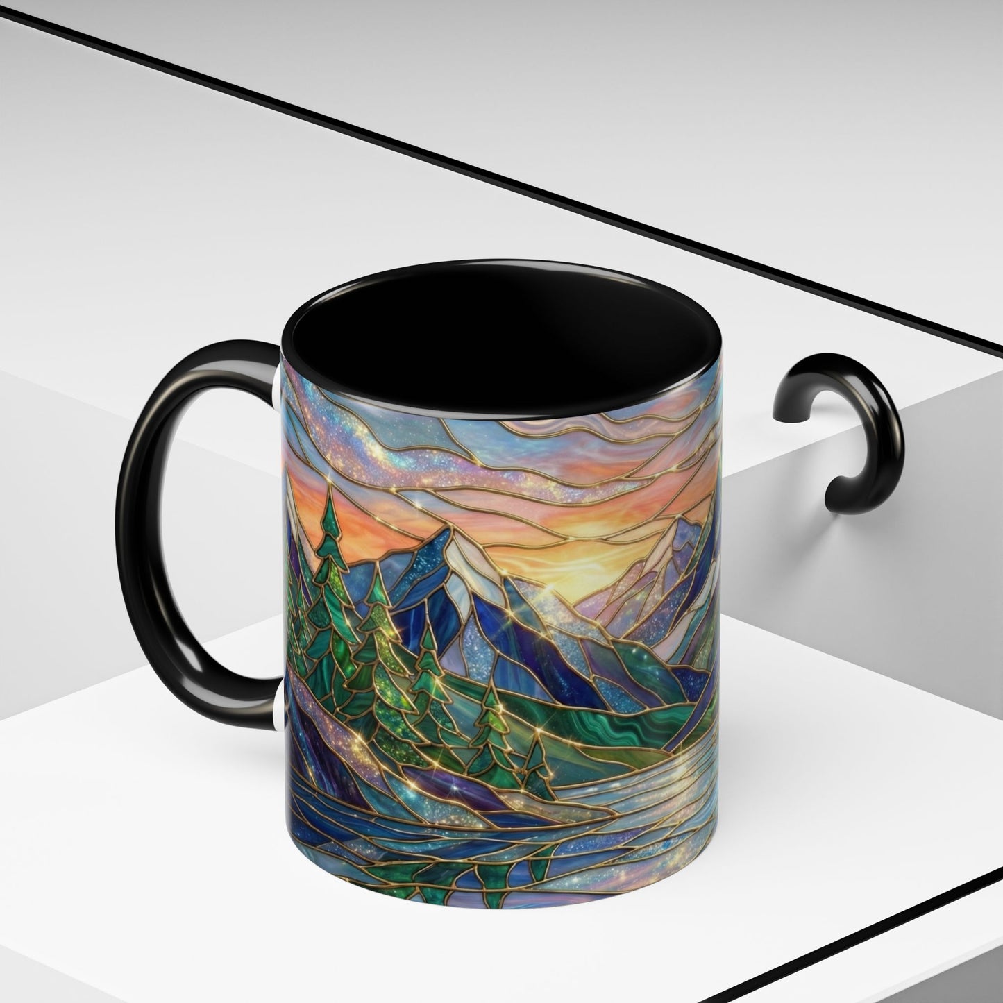 Stained Glass Mountain Mug, Sunset Mountain Landscape Coffee Cup, Nature Ceramic Mug With Forest And River, 11oz 15oz Gift