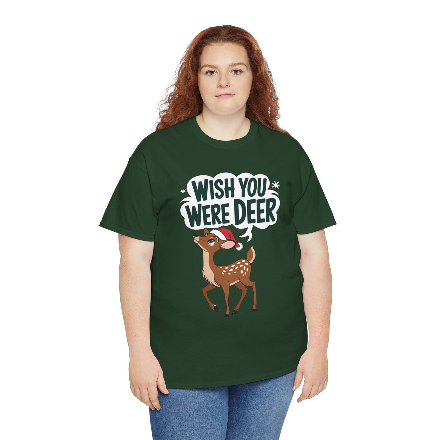 Wish You Were Deer Funny Christmas T-Shirt, Cute Reindeer Holiday Tee, Pun Christmas Shirt, Festive Santa Hat Deer Graphic Tee Gift
