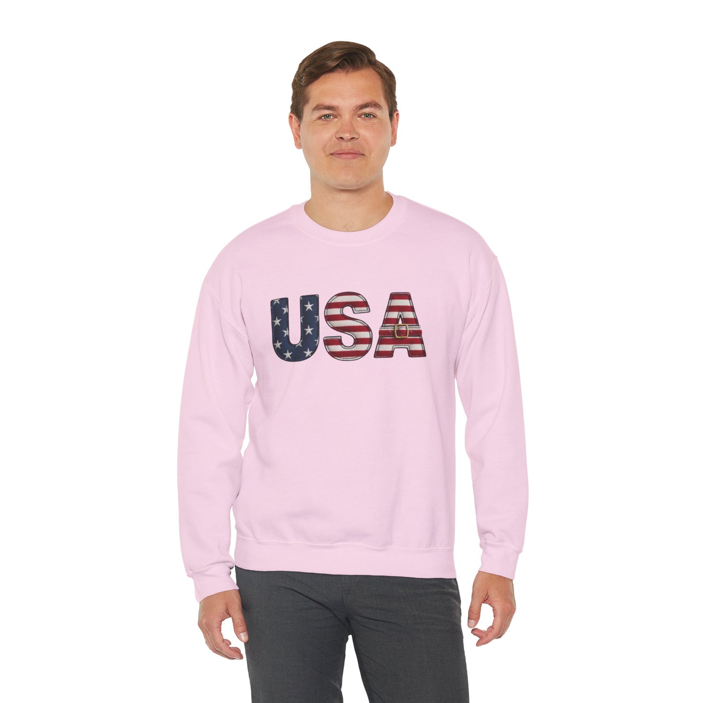 Faux Patchwork USA Sweatshirt, Patriotic Quilt Style Top, Rustic Americana Crewneck, 4th of July Shirt, Country USA Sweater, Vintage Flag Top