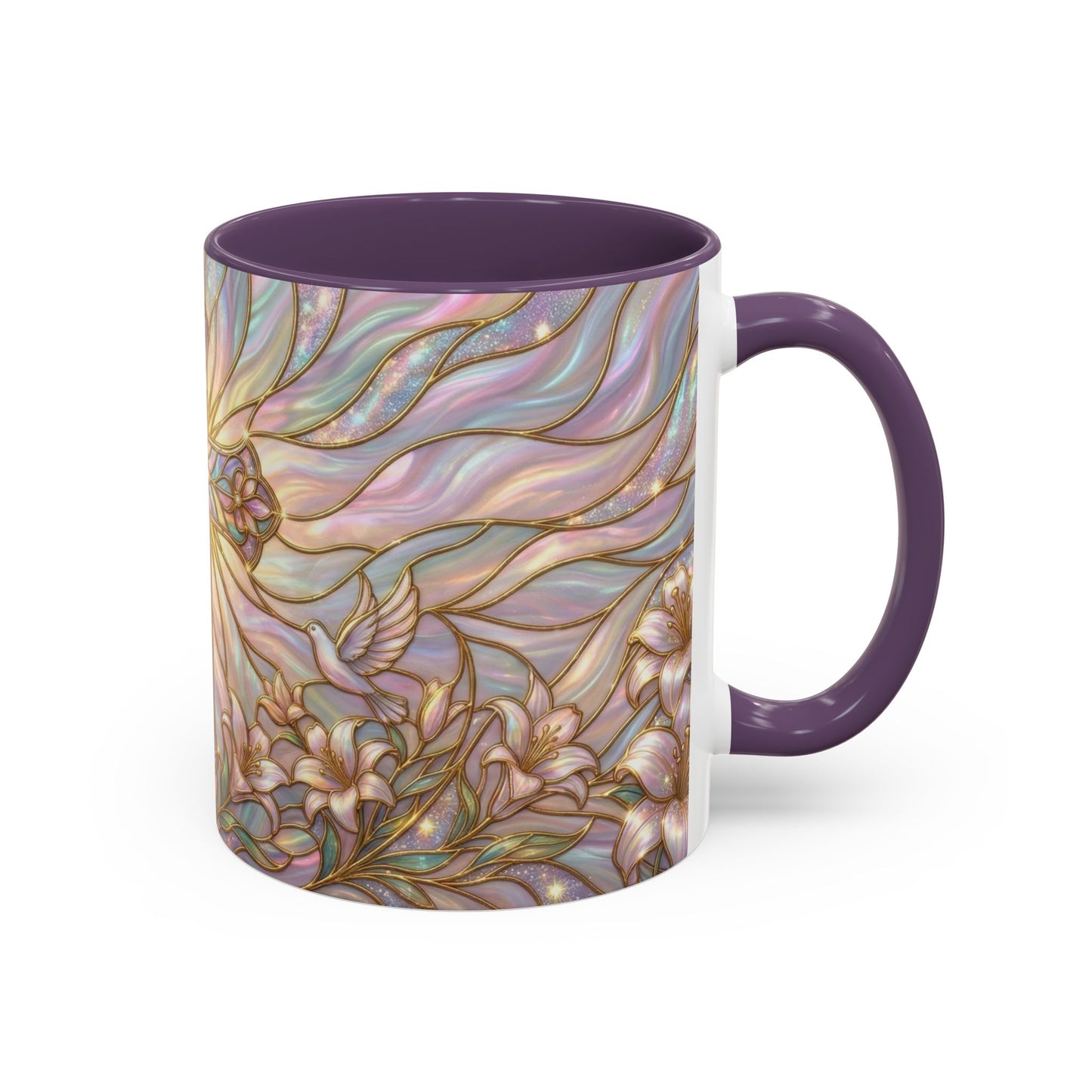 Stained Glass Cross Mug, Easter Lily Coffee Cup, Christian Gift for Women, Pastel Religious Drinkware, Dove and Faith Cup, Spiritual