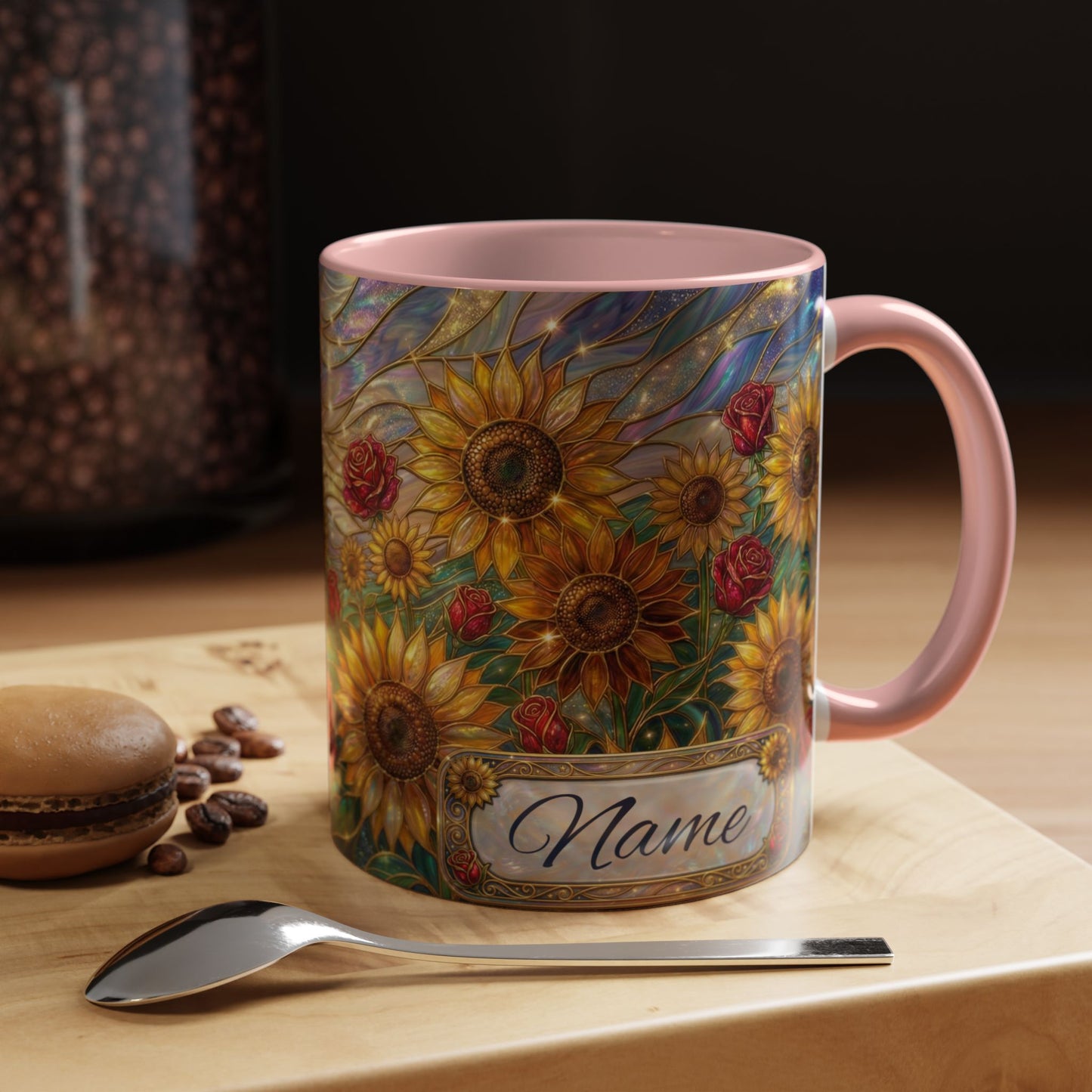 Personalized Stained Glass Sunflower Mug, Custom Red Rose Floral Coffee Cup, Celestial Night Sky Botanical Teacup, Gift For Flower Lover