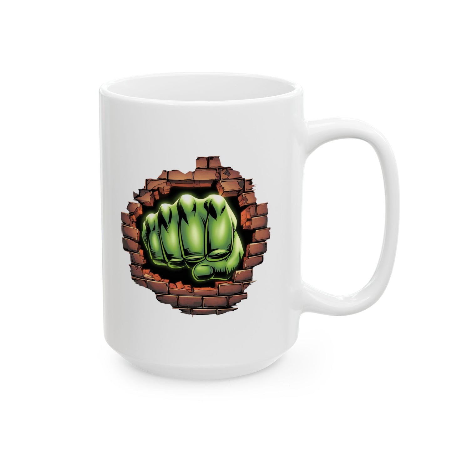 Smash Fist Mug – Green Fist Punching Through Wall Coffee Cup, Superhero Inspired Design, Dishwasher Safe, Funny Gift for Fans & Coffee Lovers