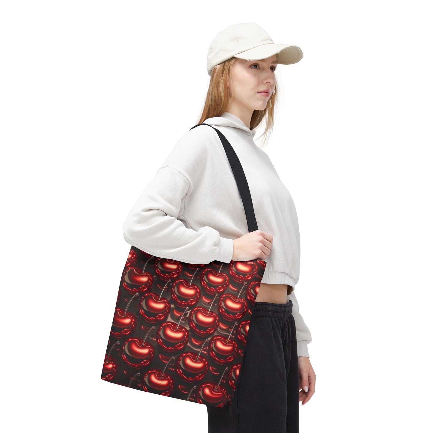 Glossy Cherry Pattern Canvas Tote Bag – Retro Black & Red Cherry Print, Coquette Cottagecore Aesthetic Shopper Tote, Fruit Lover Gift