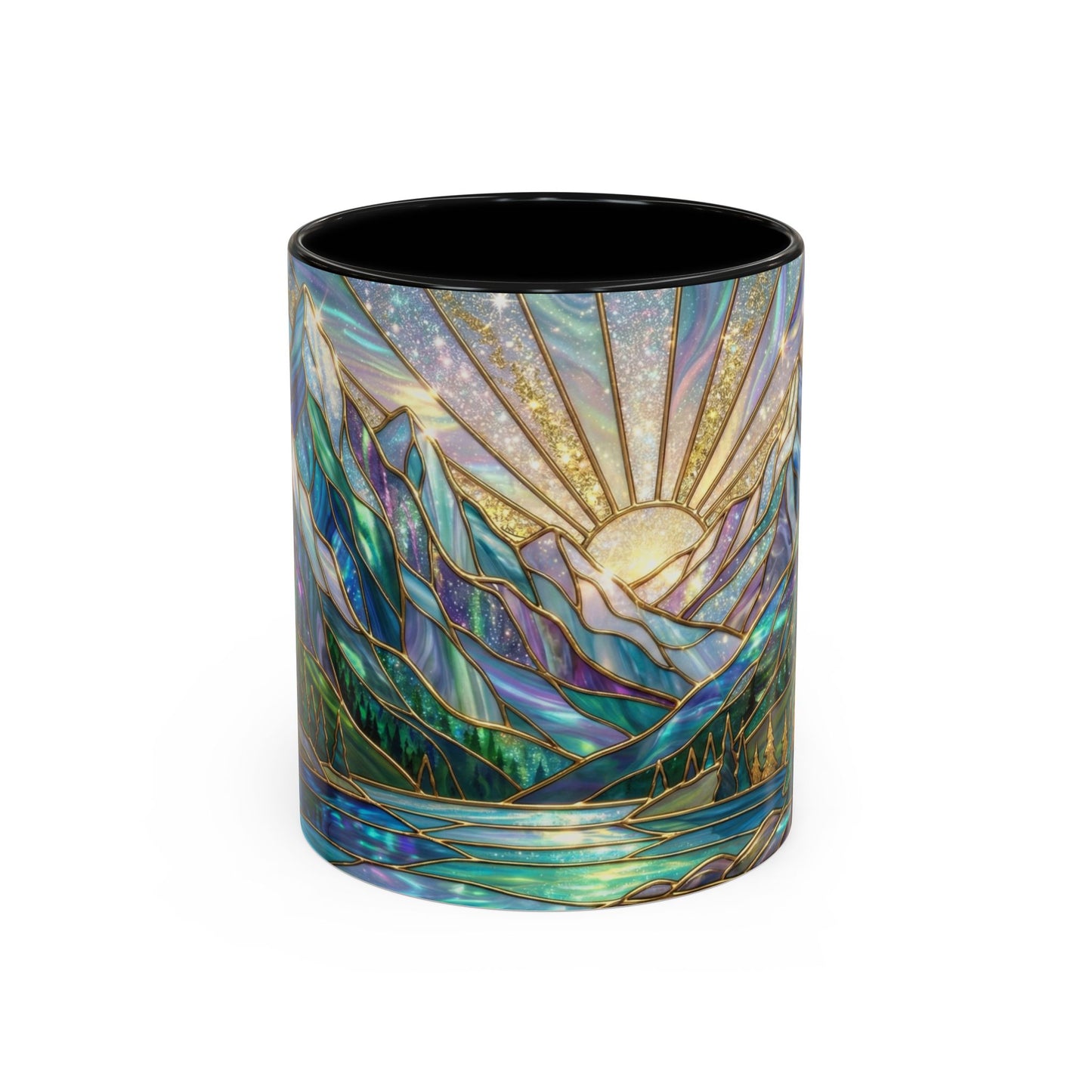 Stained Glass Mountain Mug, Mountain Landscape Coffee Cup, Galaxy Sky Nature Ceramic Mug, Sunrise River Forest Art, 11oz 15oz Gift