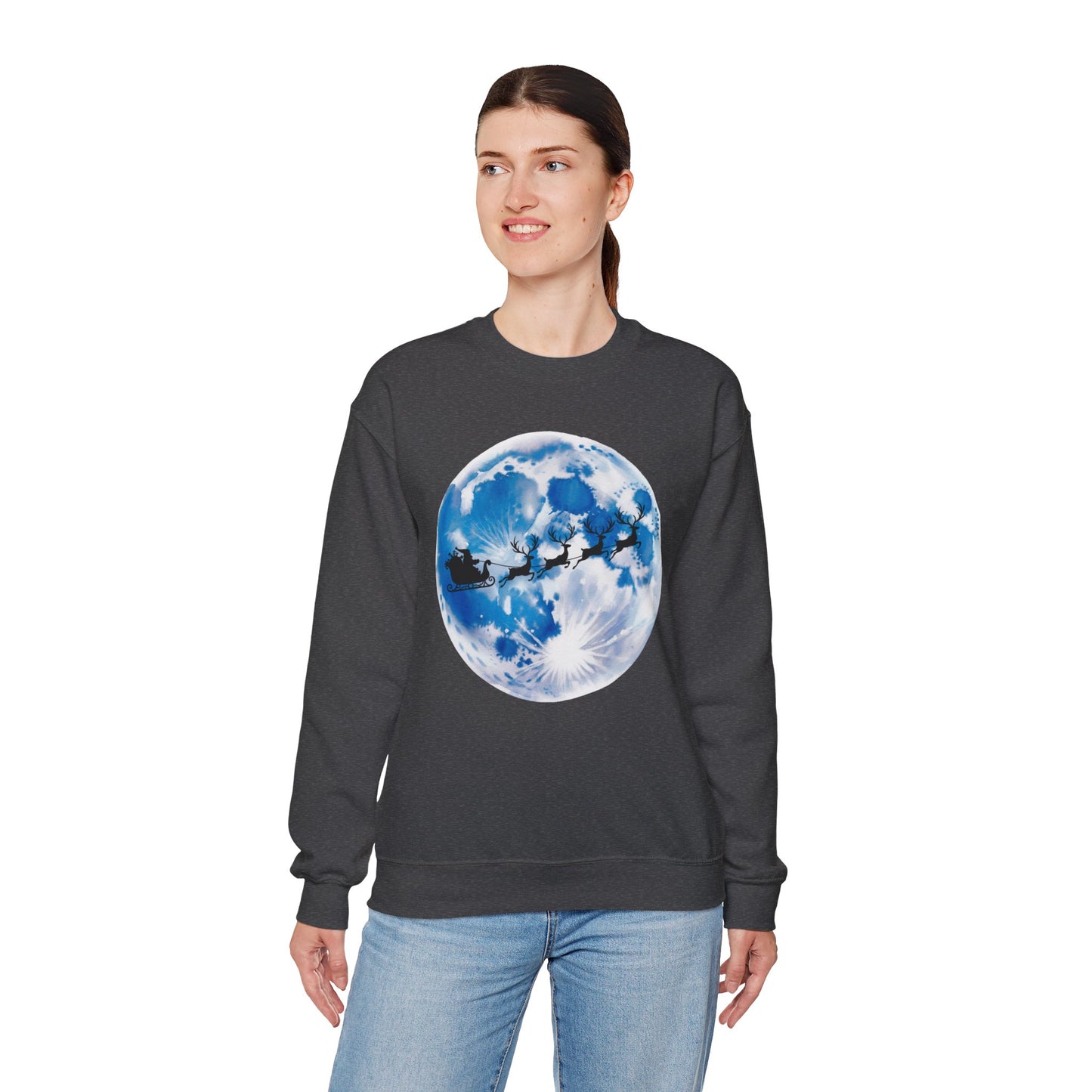 Santa And Reindeer Full Moon Christmas Sweatshirt, Holiday Night Sky Sweater, Cozy Unisex Crewneck, Festive Gift For Christmas Lovers