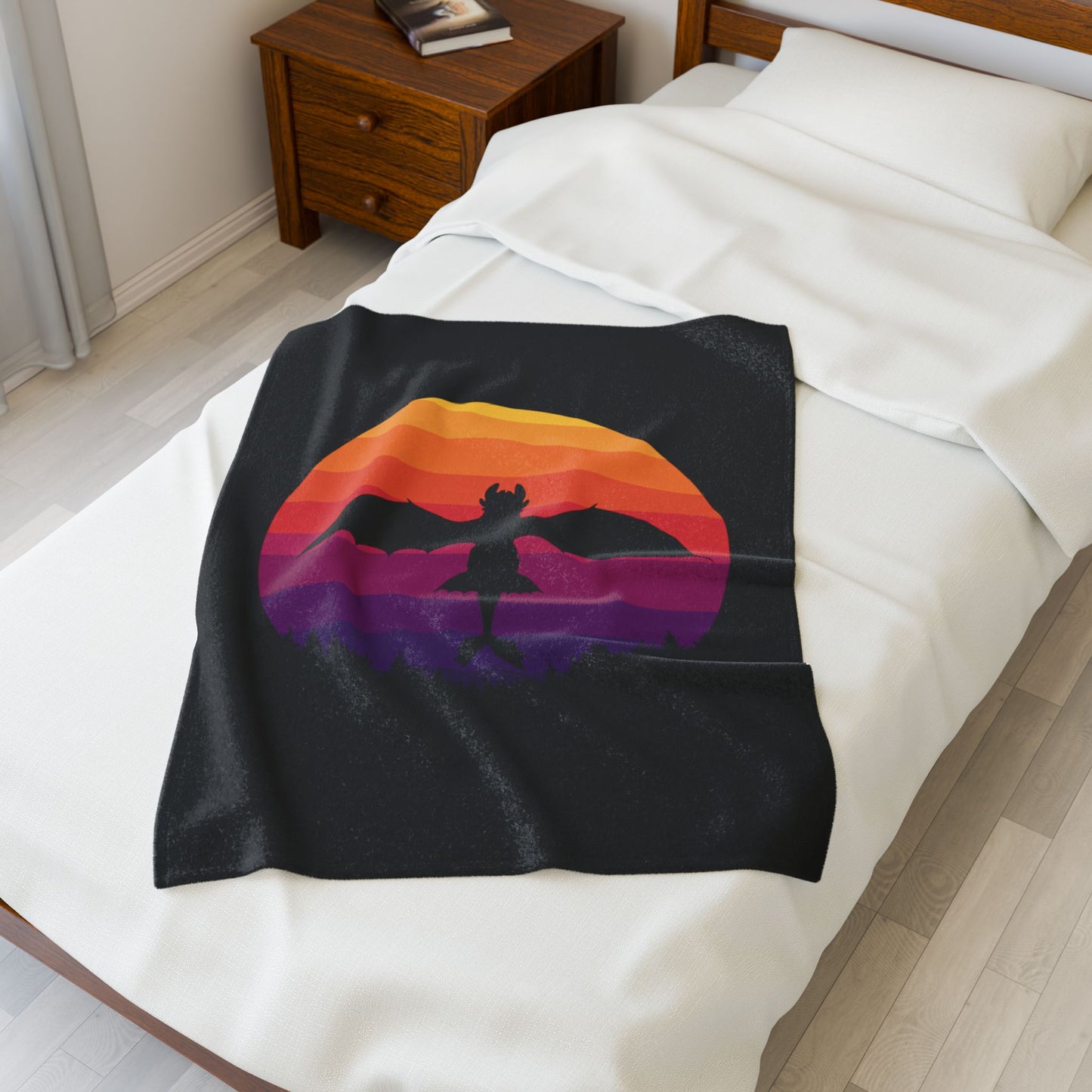 Dragon Sunset Blanket - Retro Dragon Fleece Throw - Fantasy Bedding Gift - Cool Gamer Blanket - Dragon Decor - Cozy Bed Cover for Fans