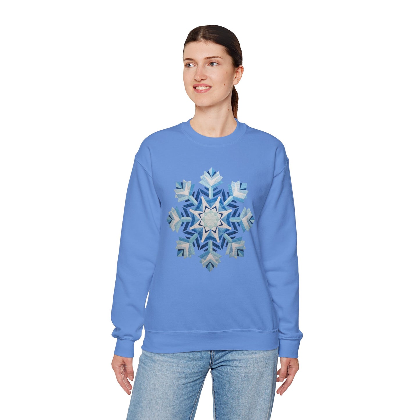 Faux Patchwork Snowflake Sweatshirt, Winter Snowflake Crewneck Unisex, Cozy Holiday Patchwork Sweatshirt, Nordic Snowflake Winter Pullover
