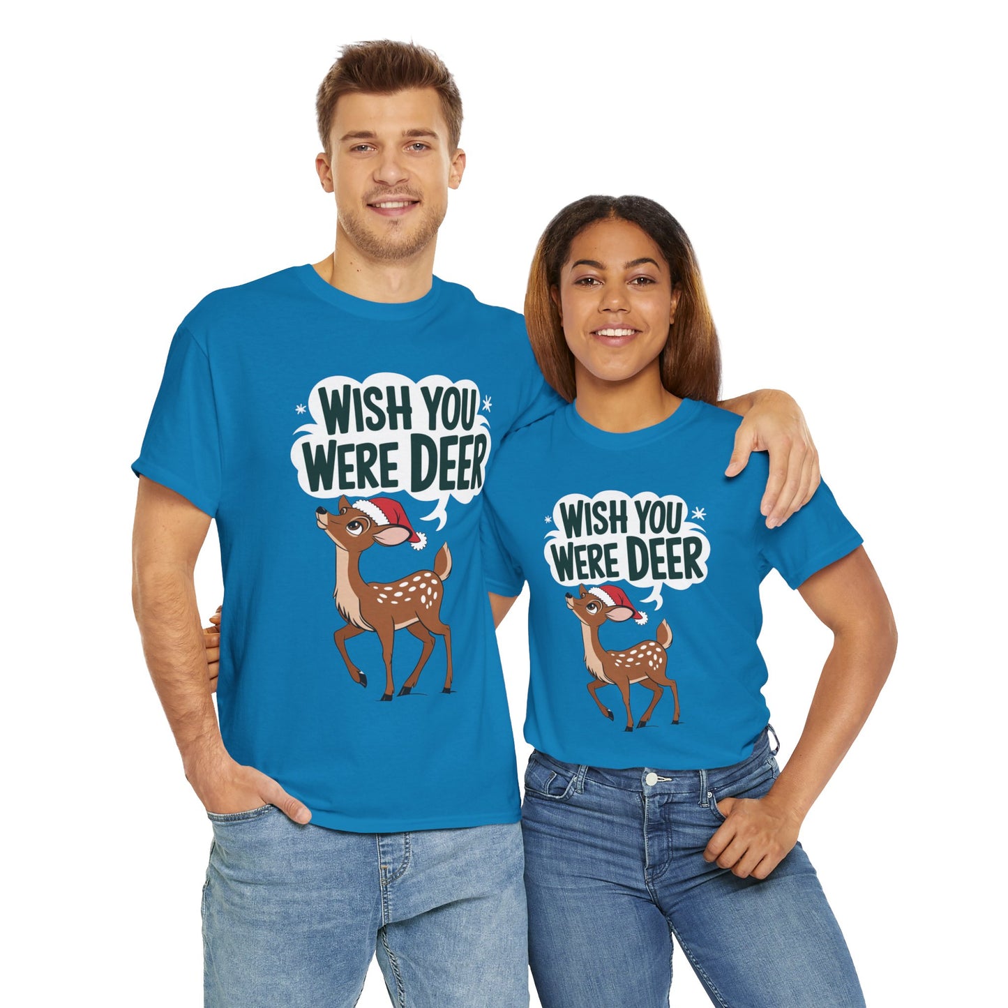 Wish You Were Deer Funny Christmas T-Shirt, Cute Reindeer Holiday Tee, Pun Christmas Shirt, Festive Santa Hat Deer Graphic Tee Gift