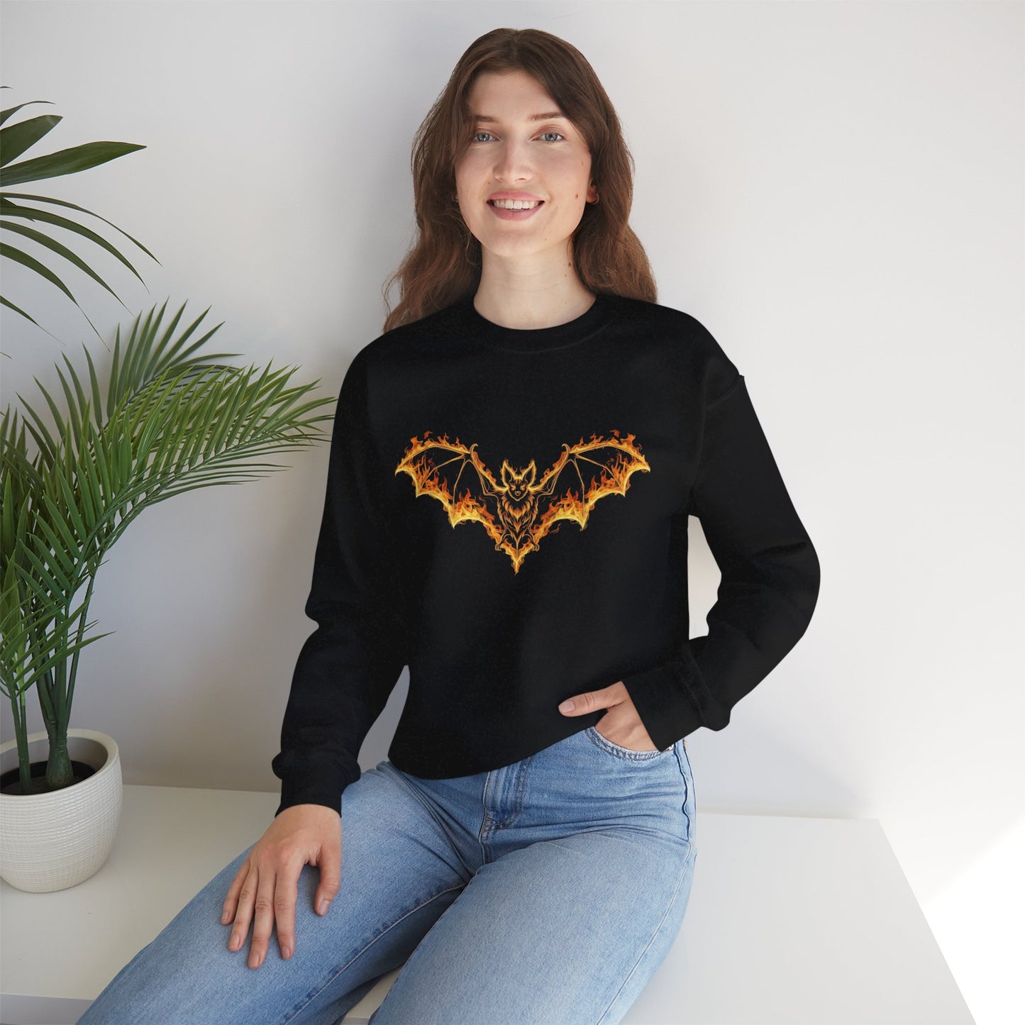 Flaming Bat Sweatshirt - Halloween Spooky Season Graphic Crewneck, Fiery Bat Design, Gothic Fall Fashion, Spooky Gift