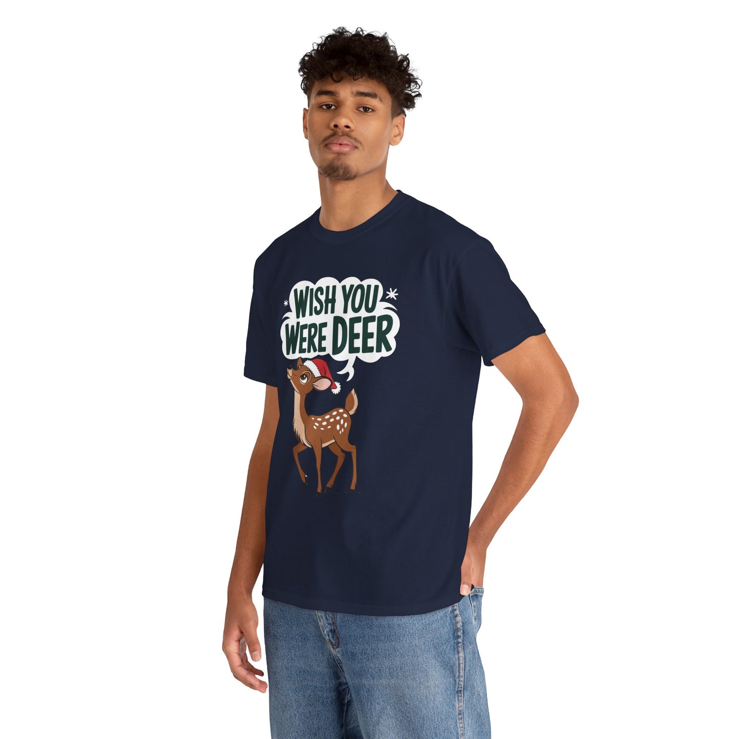 Wish You Were Deer Funny Christmas T-Shirt, Cute Reindeer Holiday Tee, Pun Christmas Shirt, Festive Santa Hat Deer Graphic Tee Gift