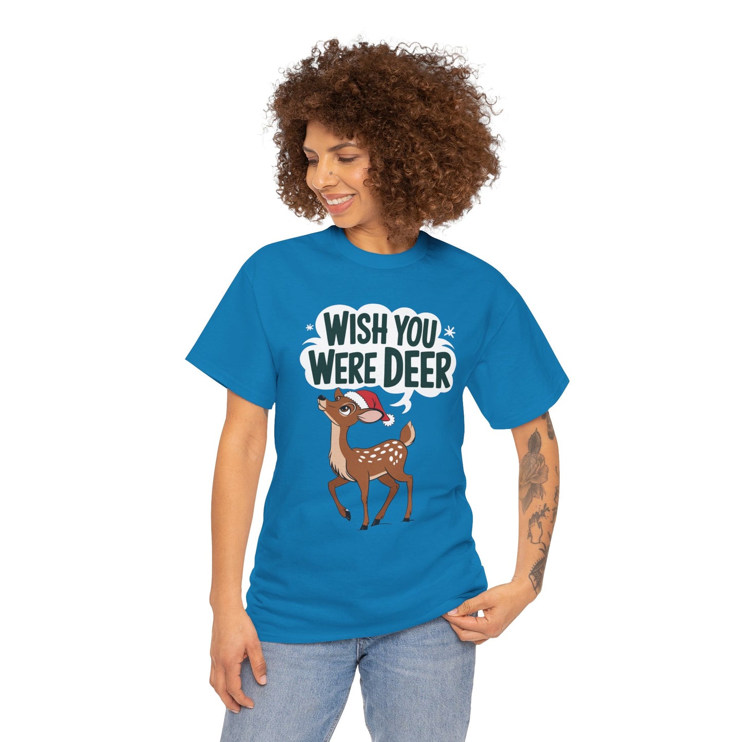 Wish You Were Deer Funny Christmas T-Shirt, Cute Reindeer Holiday Tee, Pun Christmas Shirt, Festive Santa Hat Deer Graphic Tee Gift
