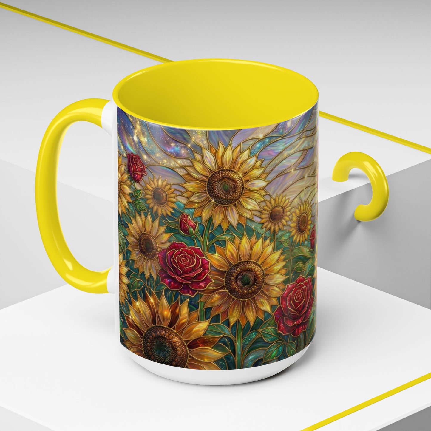 Personalized Stained Glass Sunflower Mug, Custom Red Rose Floral Coffee Cup, Celestial Night Sky Botanical Teacup, Gift For Flower Lover