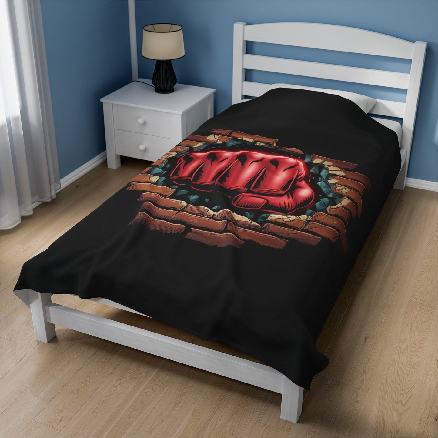 Plush Blanket - Red Fist Smashing Through Brick Wall Design